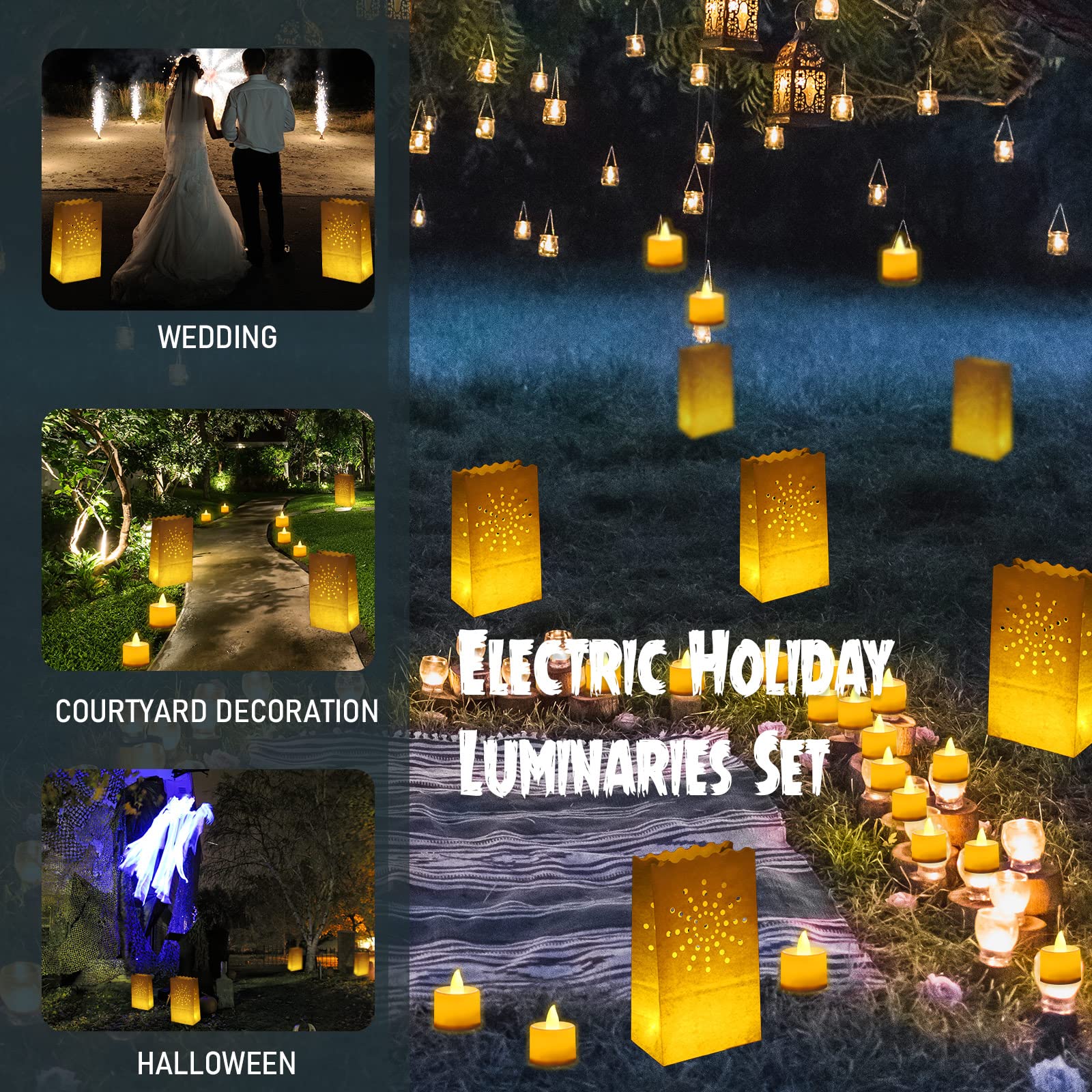 Juego de 100 bolsas de papel luminarias con velas de té sin llama, vela sin llama de Navidad con bolsa de velas LED para cumpleaños, boda, Halloween, Navidad, decoración de fiesta de Acción de Gracias