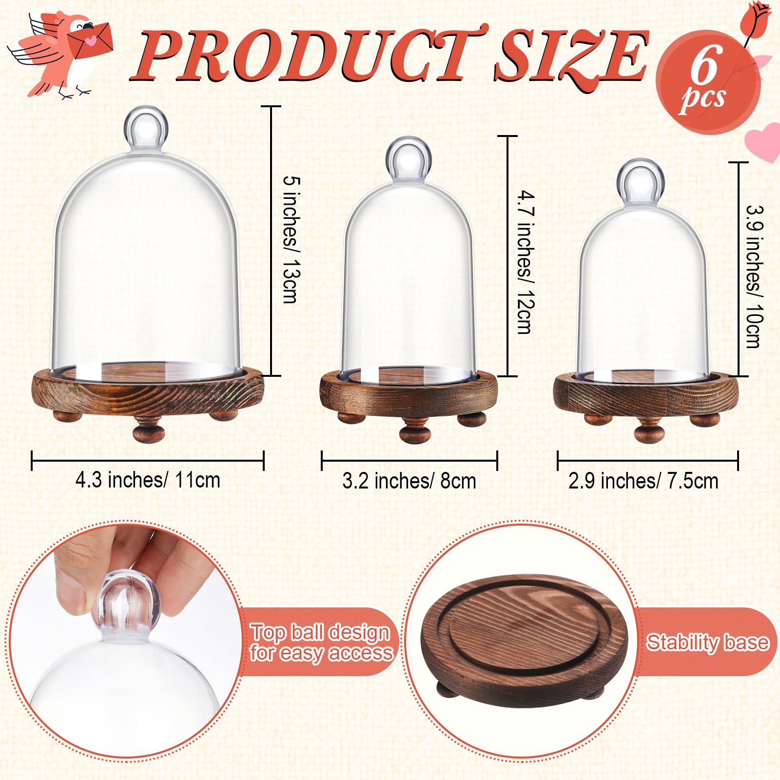 Teenyyou 6 Pcs Plastic Dome Cloche Display Various Decor and Accessories with Wood Base Cloche Bell Dome 4.3x5.2/3.2x4.7/3x4 for Collectibles Rose Home Tabletop Candle Christmas Gift(Small)