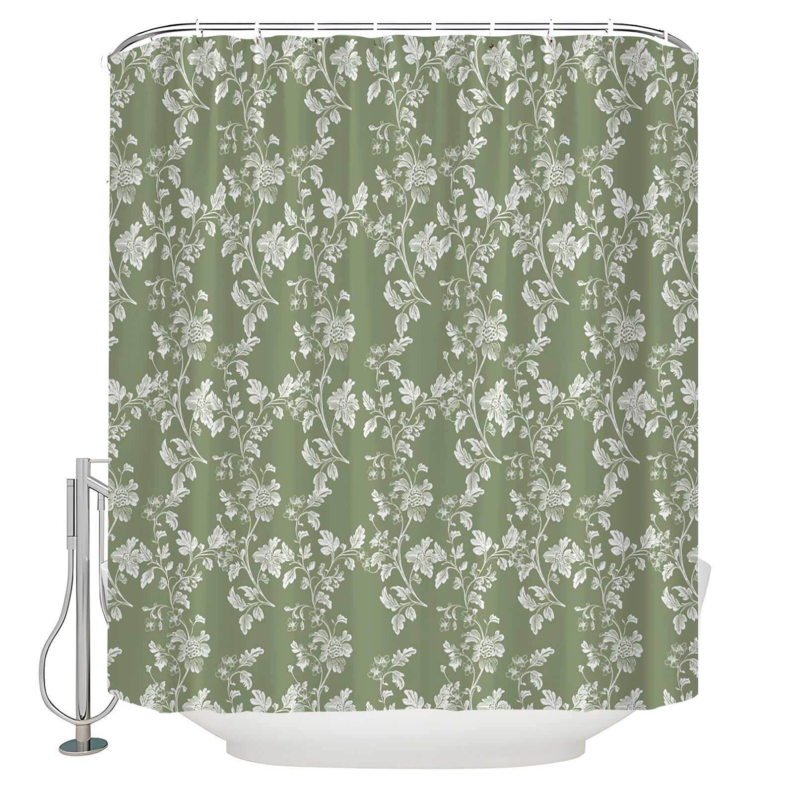 JWJAMM Sage Green Shower Curtain White Floral Spring Rustic Botanical Boho Floral Plants Leaves Modern Farmhouse Vintage Wildflower Nature Bath