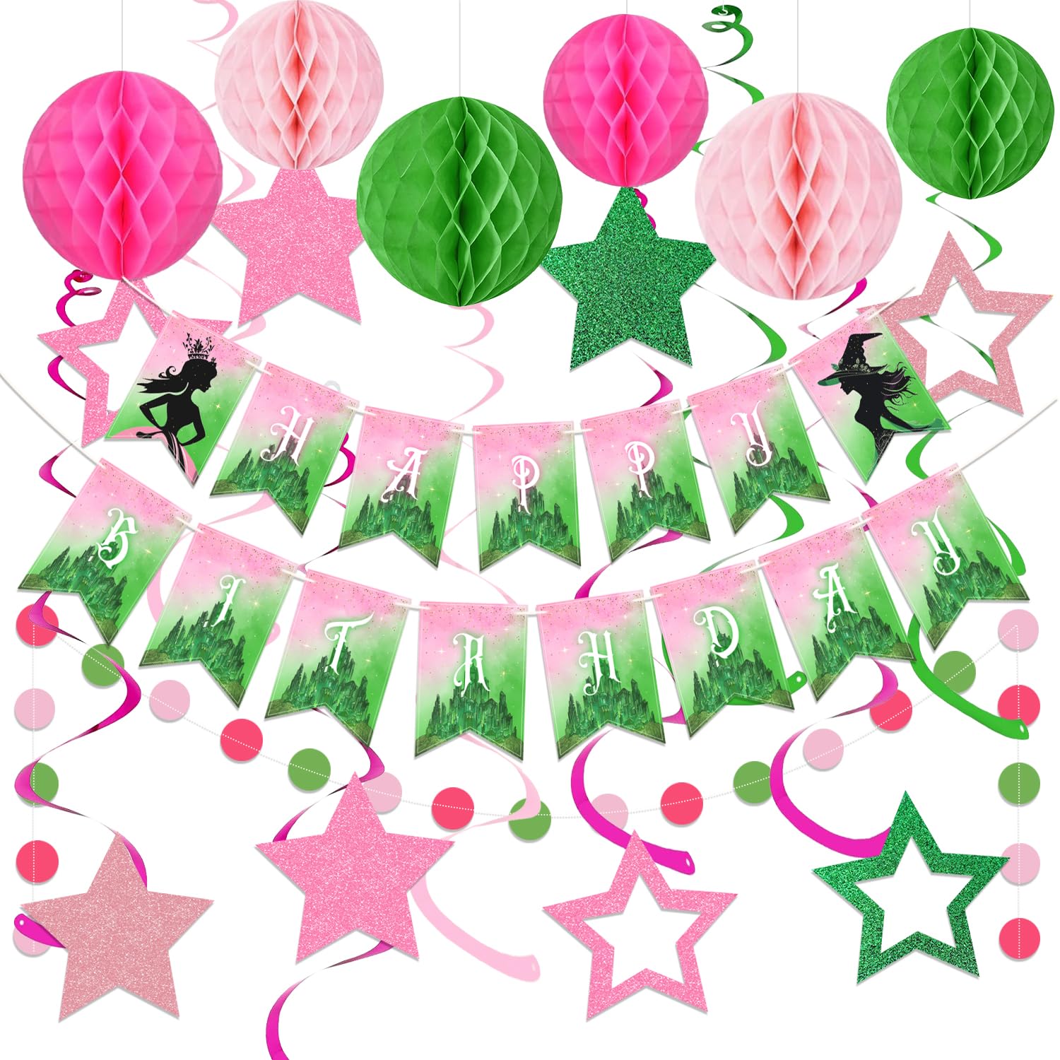 Pink and Green Party Decoration Princess and Witch Theme Birthday Party Accessories Pink and Green Happy Birthday Banner and Lively Star Party