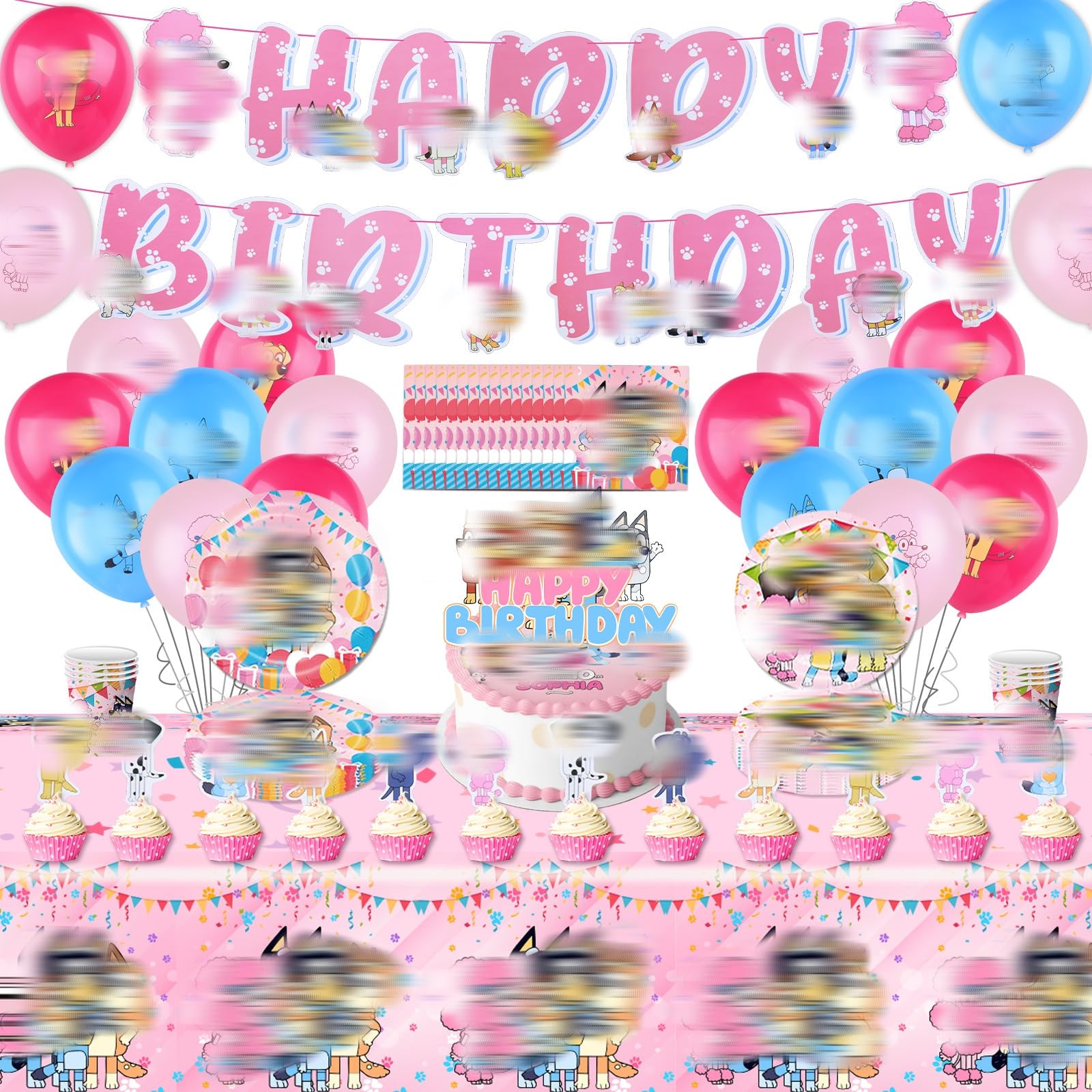 Birthday Decorations, 103PCS Pink Dog Party Decorations Kids' Party Tableware Set, Birthday Party Supplies with Birthday Banner, Cake Topper, Balloons, Plates, Napkins, Cups, Straws and Tablecloths