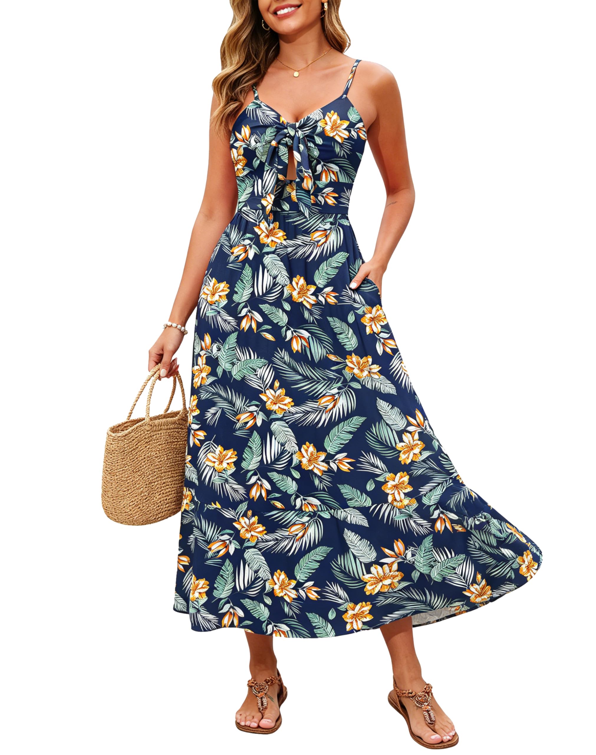 Kranda Women 2026 Summer Sundress High Waist Tie Front Spaghetti Strap Long Beach Floral Tiered Maxi Dress with Pockets