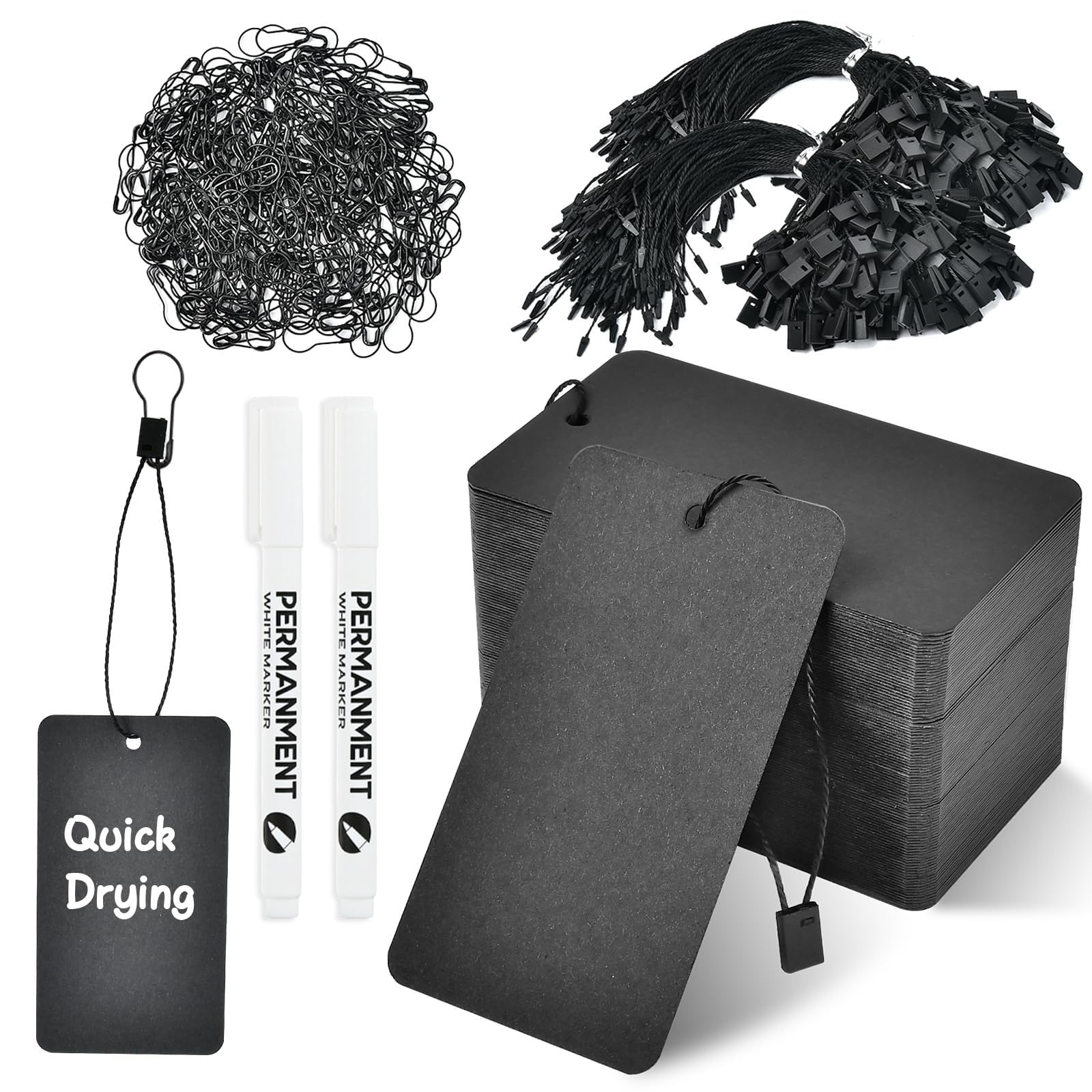 Oonkaf 300 Set Black Price Tags with 2 White Pen, Gift Tags with String Attached and Safety Pins, Paper Price Tags for Clothing, Personalized Present Tags for Arts, Crafts and Gift Wrapping (Black)