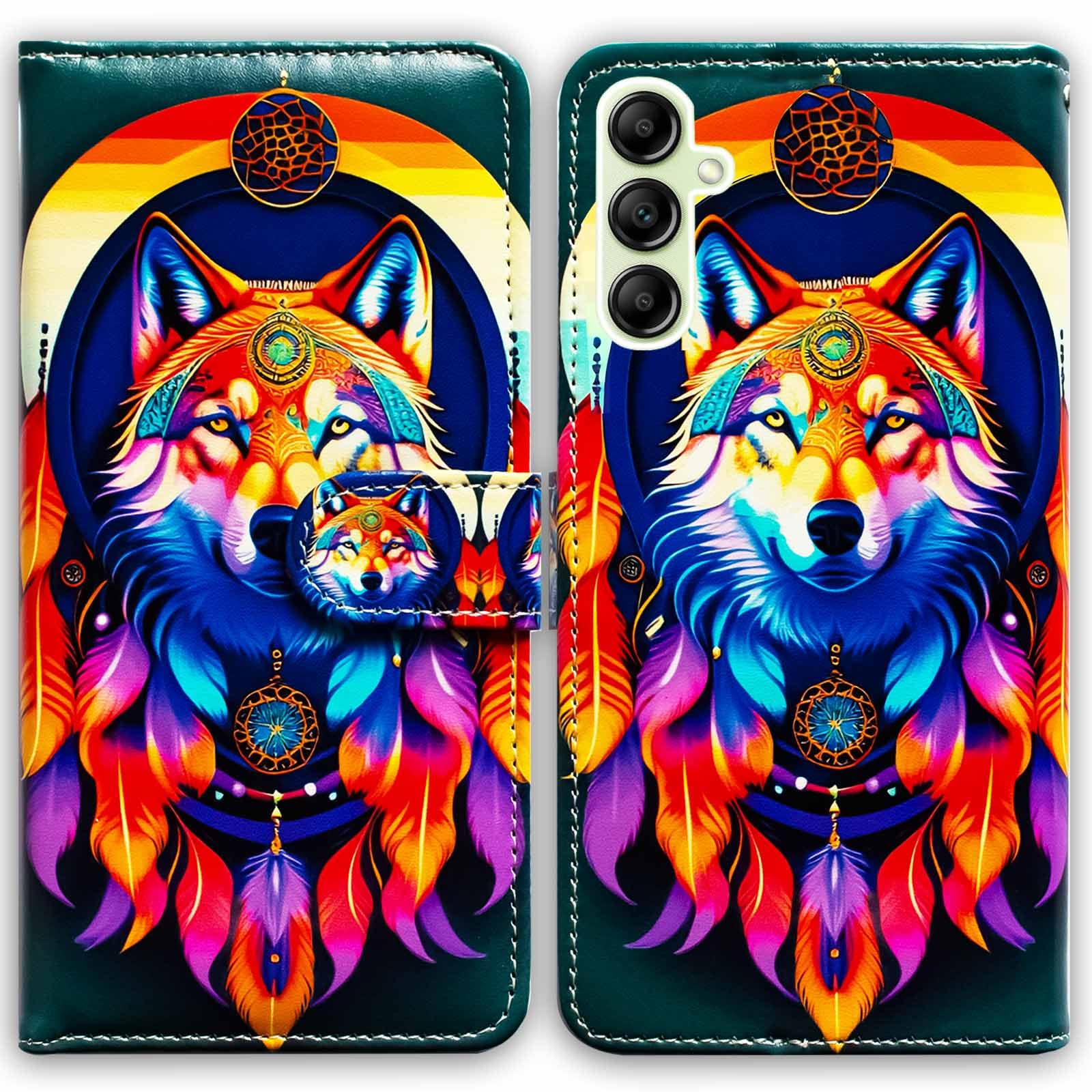 Bcov Case for Galaxy A14 5G,Colorful Wolf Dream Catcher Leather Flip Phone Case Wallet Cover with Card Slot Holder Kickstand for Samsung Galaxy A14 5G