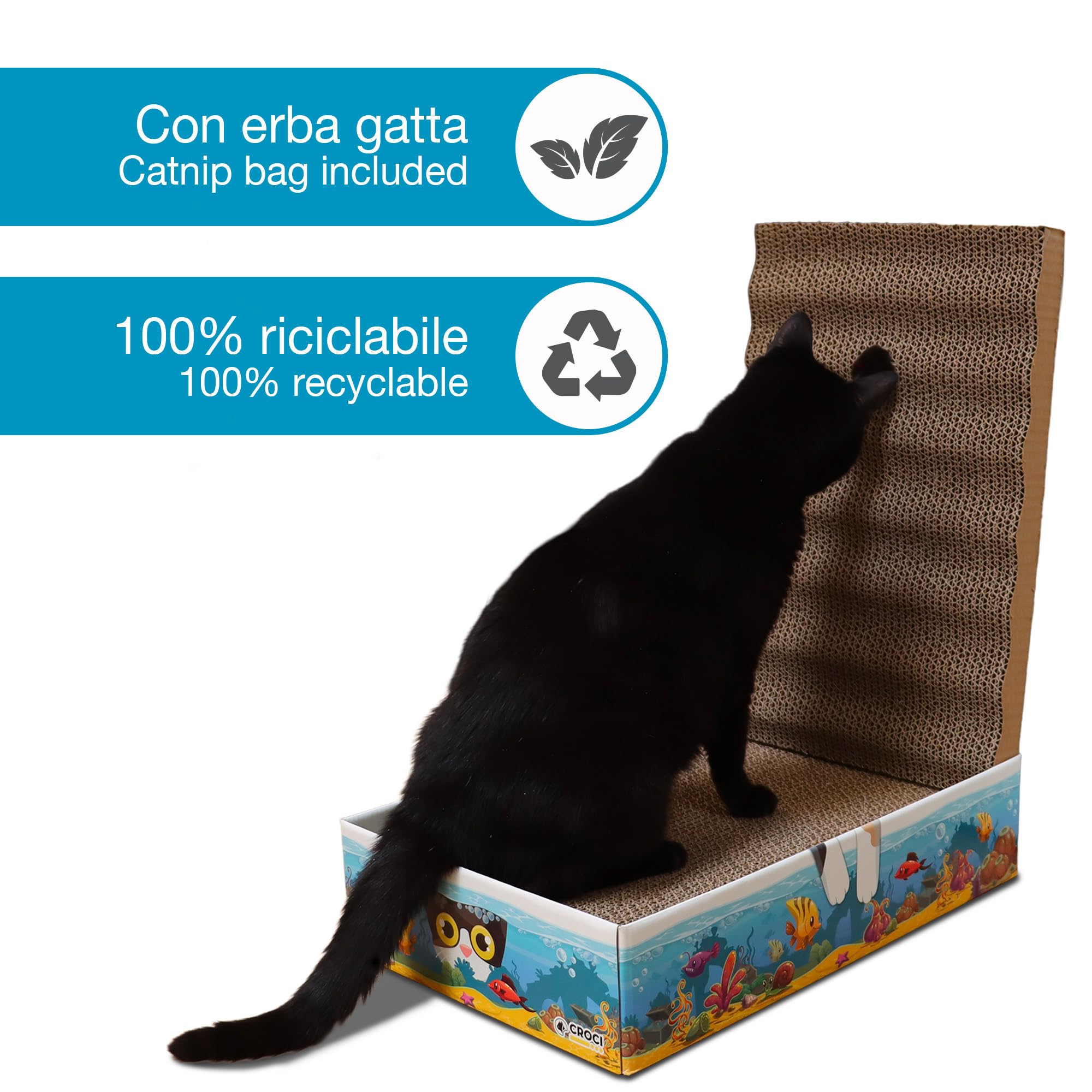 Croci Acquario - Tiragraffi per gatti adulti in cartone 6 in 1, con 3 pannelli graffiabili a doppio strato riversibile, piedini antiscivolo, busta di erba gatta inclusa, 44x28x10 cm