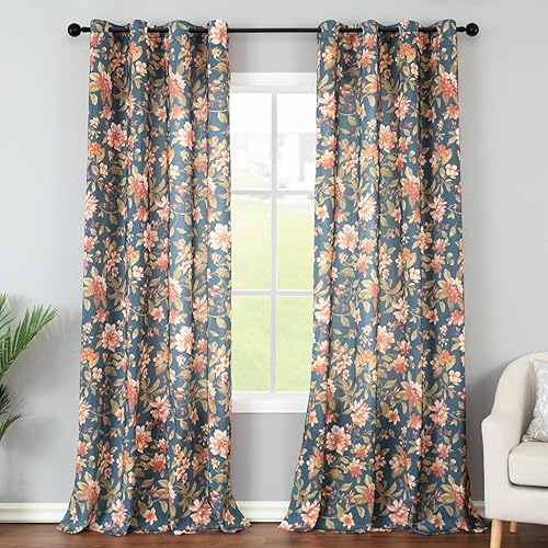 Leeva Cortinas de cocina con patrón de flores rosas, cortina decorativa con ojales para filtrar la luz para habitación de niñas, 2 paneles de