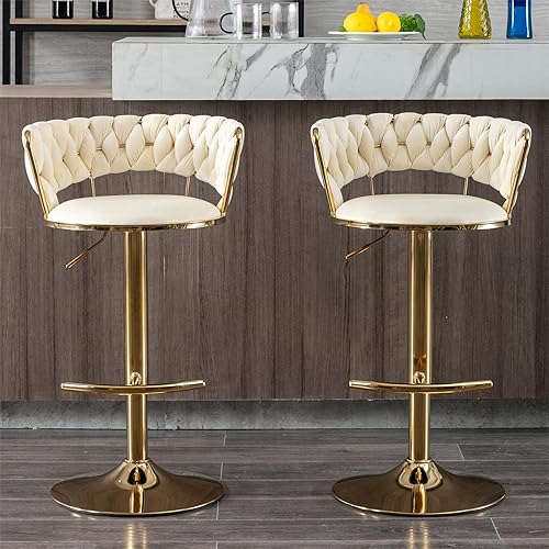 Miniatura 62 de Juego de 2 taburetes de bar de terciopelo giratorios con base de metal dorado, taburetes de bar modernos de altura de mostrador para cocina, pub,