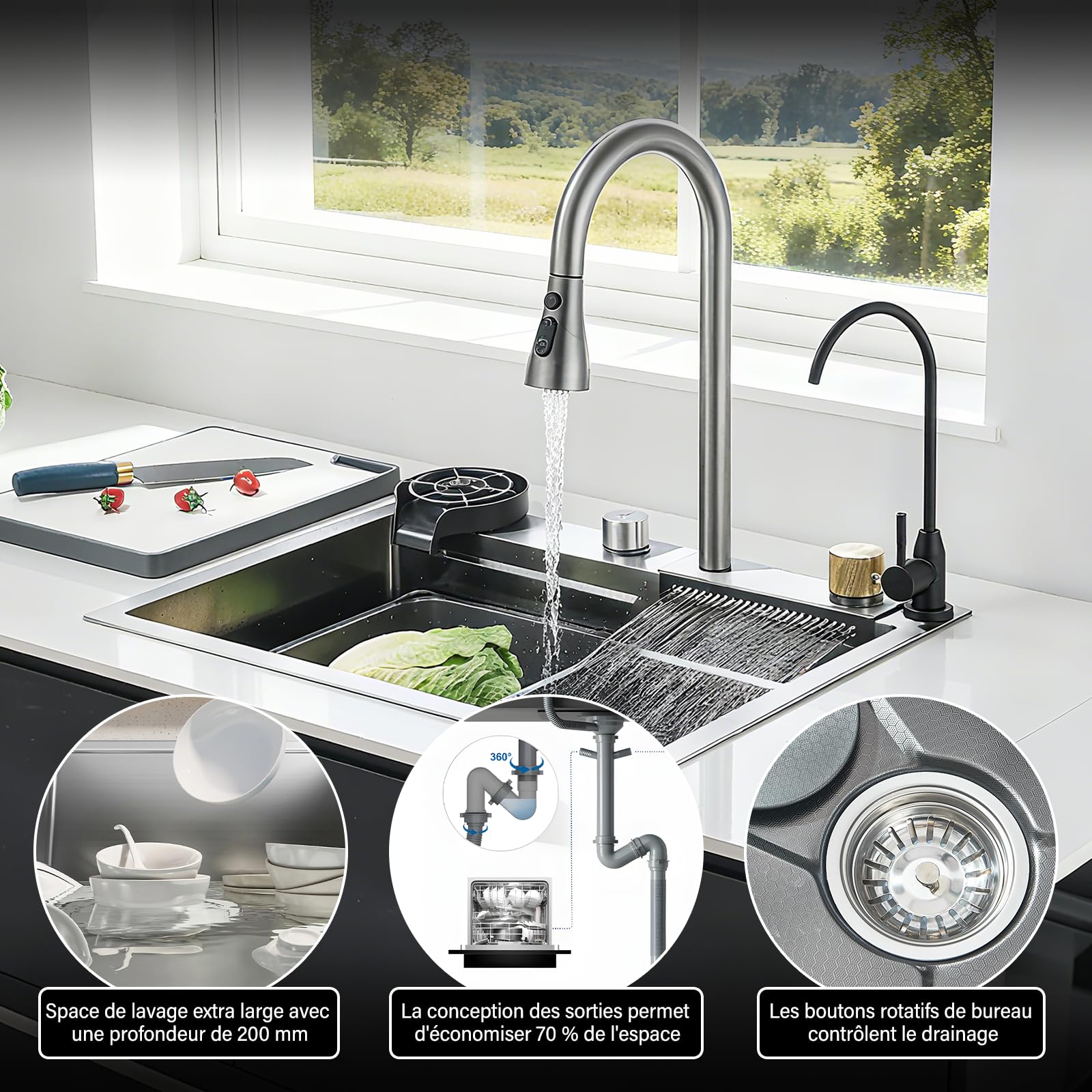 Lavello da cucina multifunzione con alta pressione, rubinetto estraibile e acqua pura risciacquo, 60 x 45 x 21 cm, automatico lavello 1 vassoio con scolapiatti
