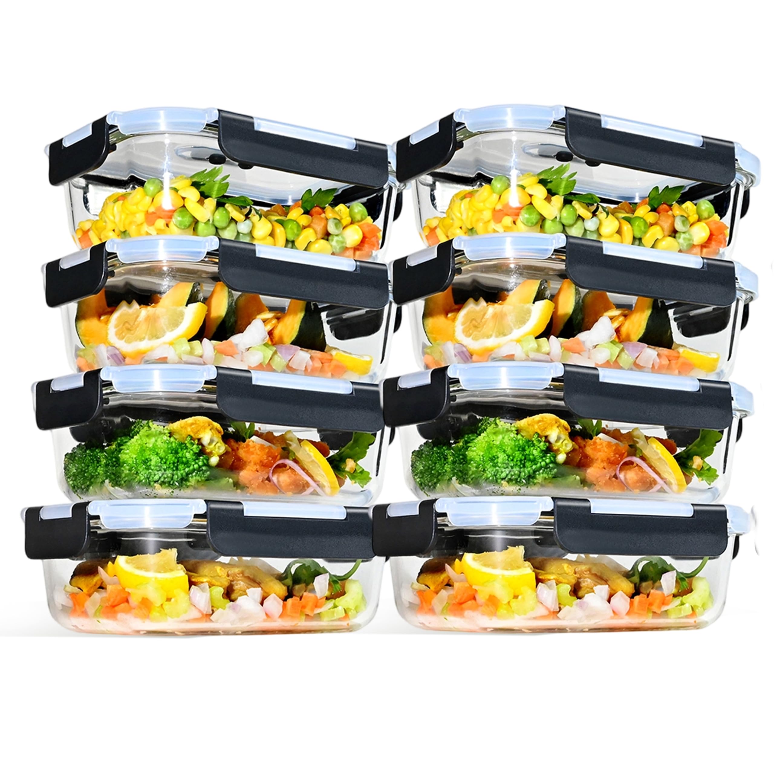 LNWSN Contenedores de Almacenamiento de Vidrio de 8 Piezas de 640 ml con Cierre a presión en los Cuatro Lados, contenedores Reutilizables Ideales para Picnics al Aire Libre