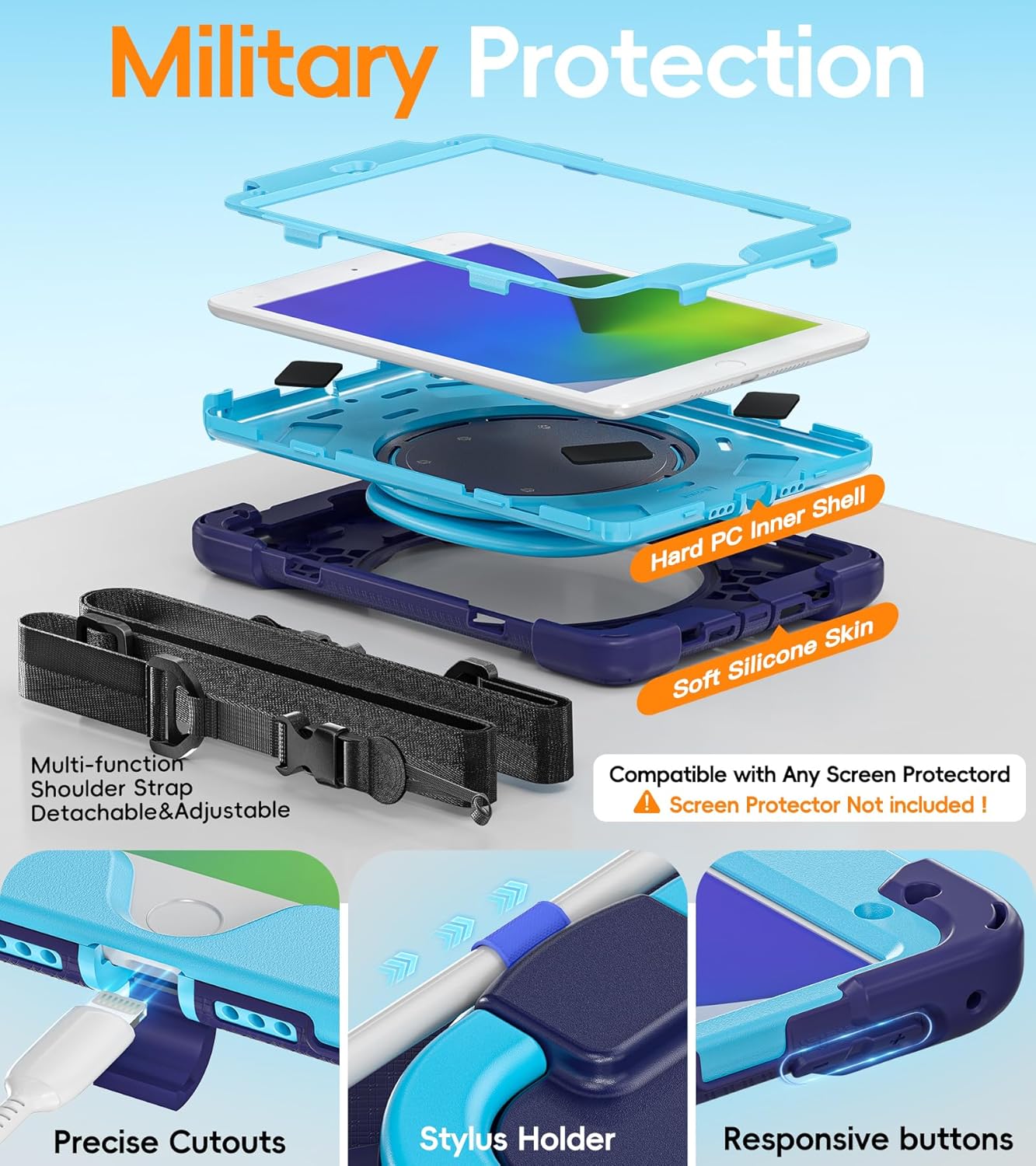 BATYUE for iPad mini 5/4 7.9 Inch Case (2019/2015), Heavy Duty Protective Cover with 360° Kickstand, Detachable Shoulder Strap & Pencil Holder for Business & Bulk Orders - Navy Blue - Image 7