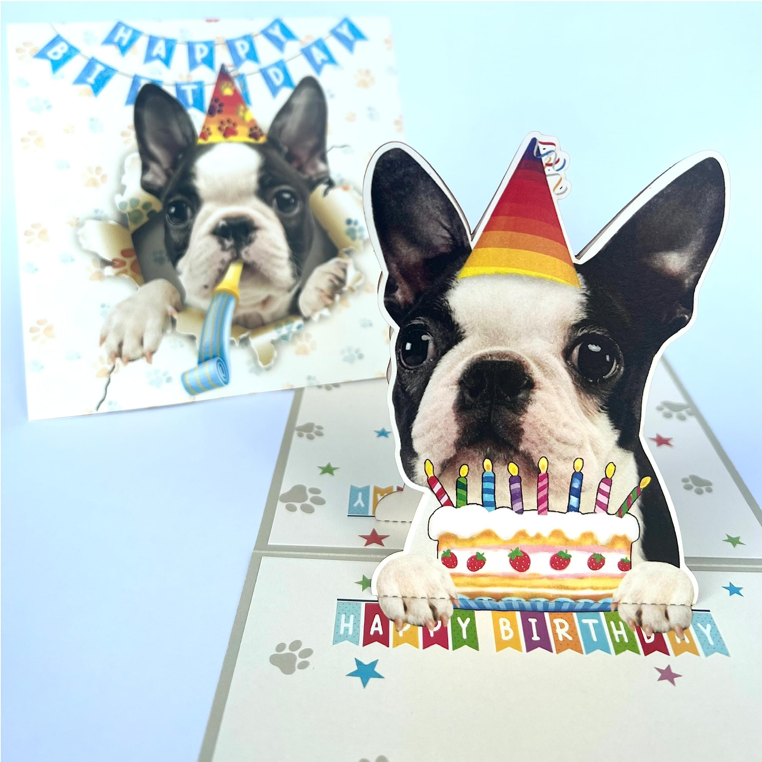 Boston Terrier Birthday Card 3D Pop Up — Boston Terrier with Party Hat & Birthday Cake, Funny Birthday Card for Boston Terrier Lovers, Boston Terrier Mom Dad Gift, 6x6 Inch, Includes Envelope — image 1