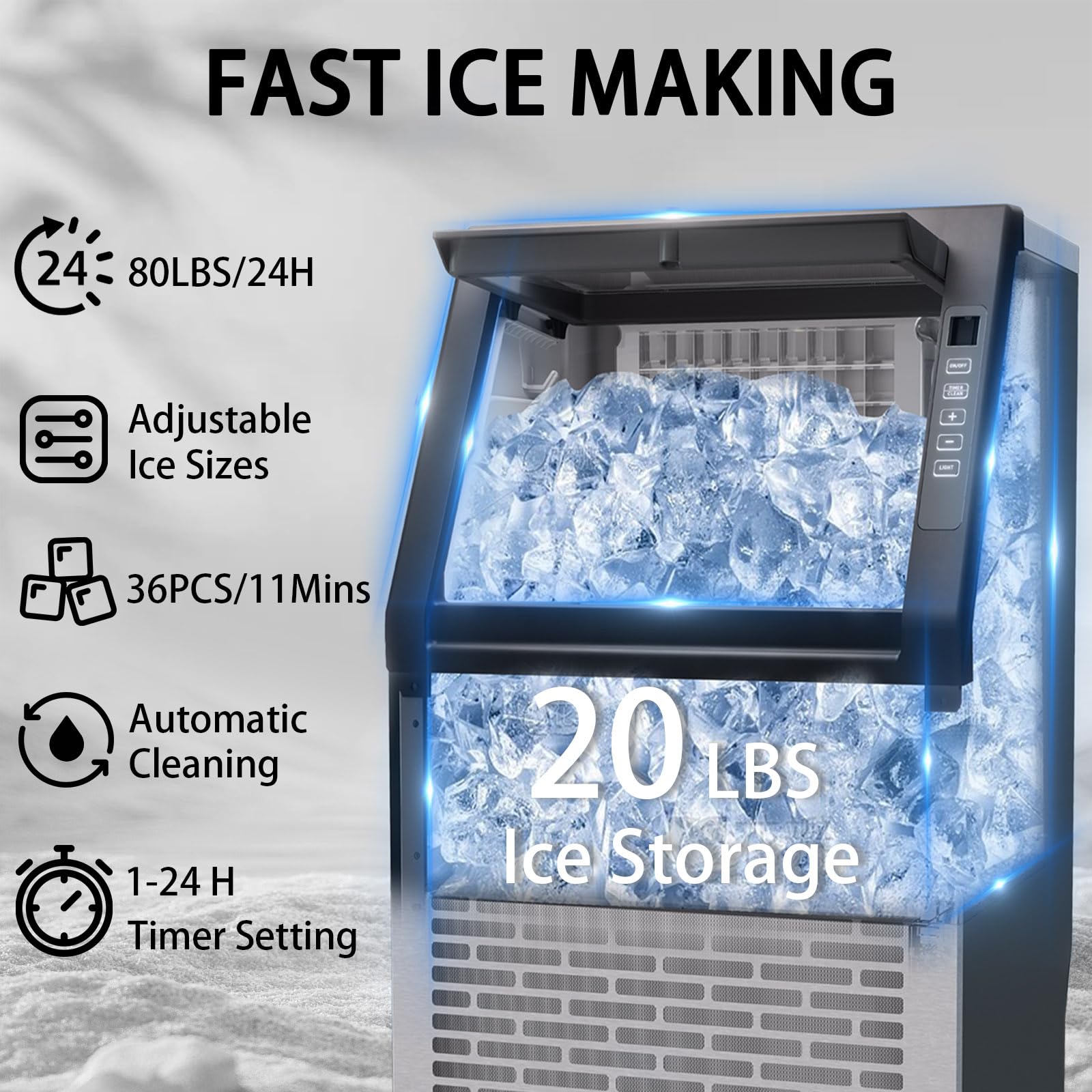 Stopsad Commercial Ice Maker Machine, 90lbs/24h, Stainless Steel Under Counter Ice Machine With 20lbs Storage, LED Digital Display, Self-Cleaning Freestanding Ice Maker For Home/Bar/Restaurant on Fridge.com - View 5