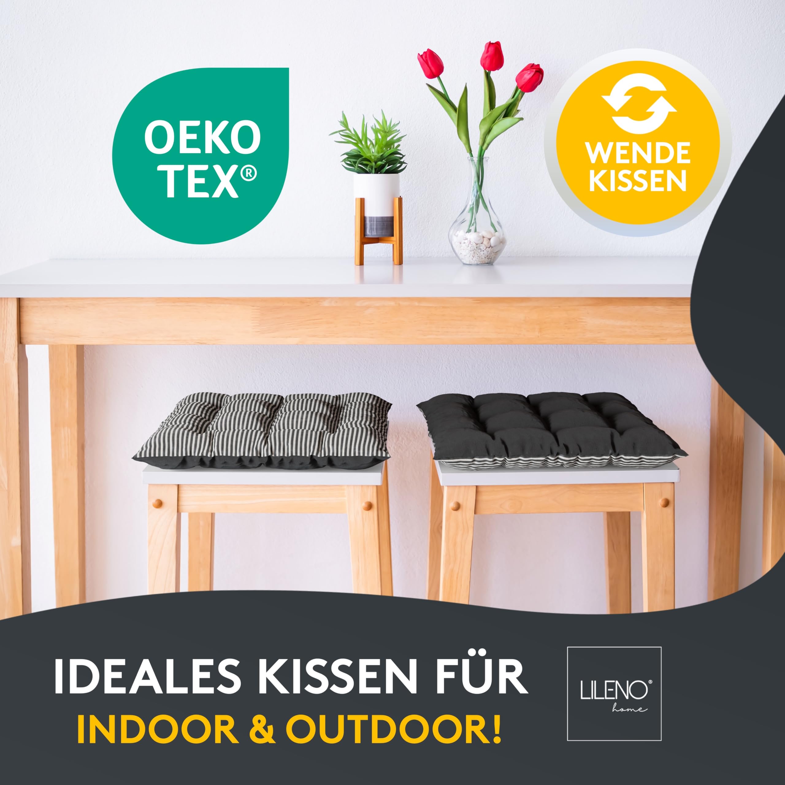 LILENO HOME 6er Set Wende Stuhlkissen Anthrazit (40x40x6 cm) - Streifen