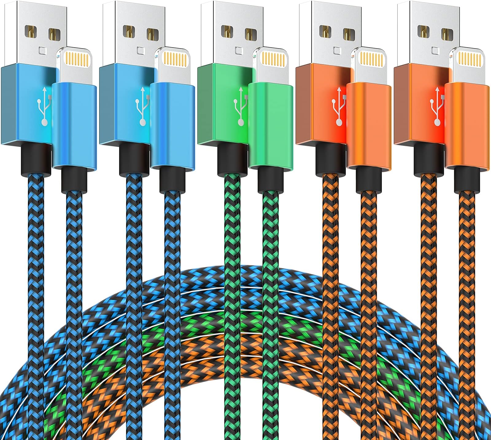 iPhone Charger Cable (6 FT) [MFi Certified] Nylon Braided Fast Charging Long Cables Compatible iPhone 14 13 12Pro Max/Pro/mini/11Pro Max/11Pro/11/XS/Xs Max/XR and More-Color, 5 Count (Pack of 1)Carbonfree Certified