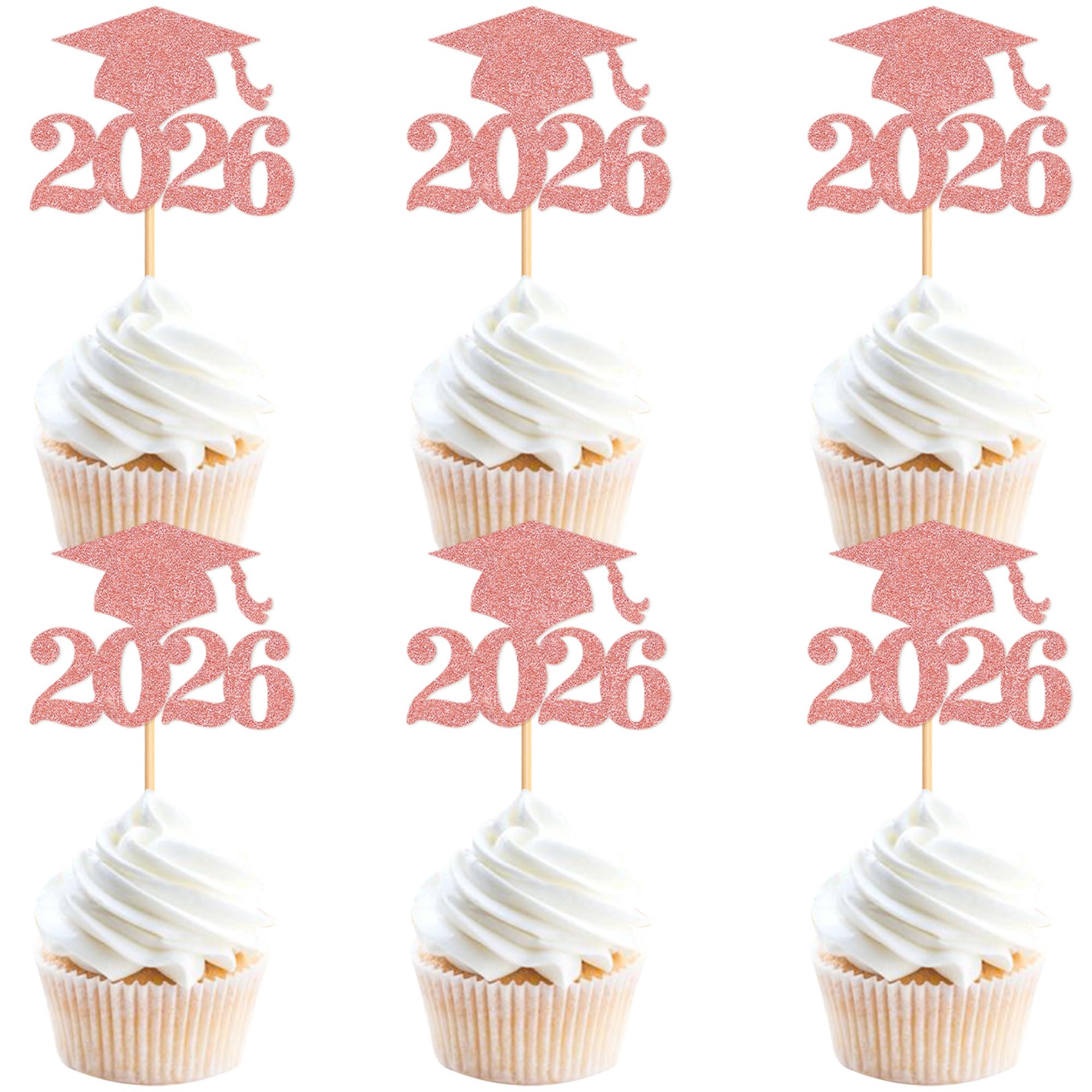 Photo 1 of Ercadio 36Pcs Glitter Gold Rose 2026 Graduation Cap Cupcake Toppers Class of 2026 Grad Cap Cupcake Picks Preschool High School University Diploma Graduation Theme Party Decorations Supplies