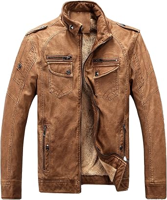 JEKE-DG Men Winter Thickening Coat Retro Slim Fit Highneck Leather Jacket Warm Plush Liner Zipper Outwear Top
