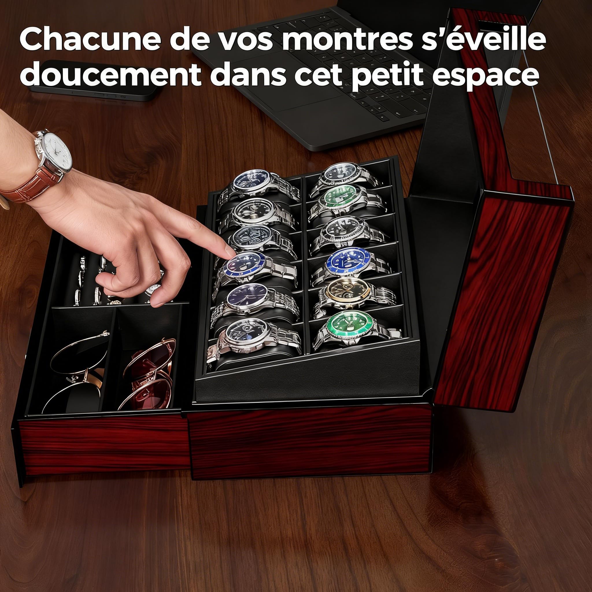 ANWBROAD Boite a Montre Homme 12 Emplacements Couches de Peinture avec Couvercle en Verre Boite a Bijoux Homme Coffret Doublure en Similicuir Cadeaux Luxueux pour Hommes et Femmes JWB005Y