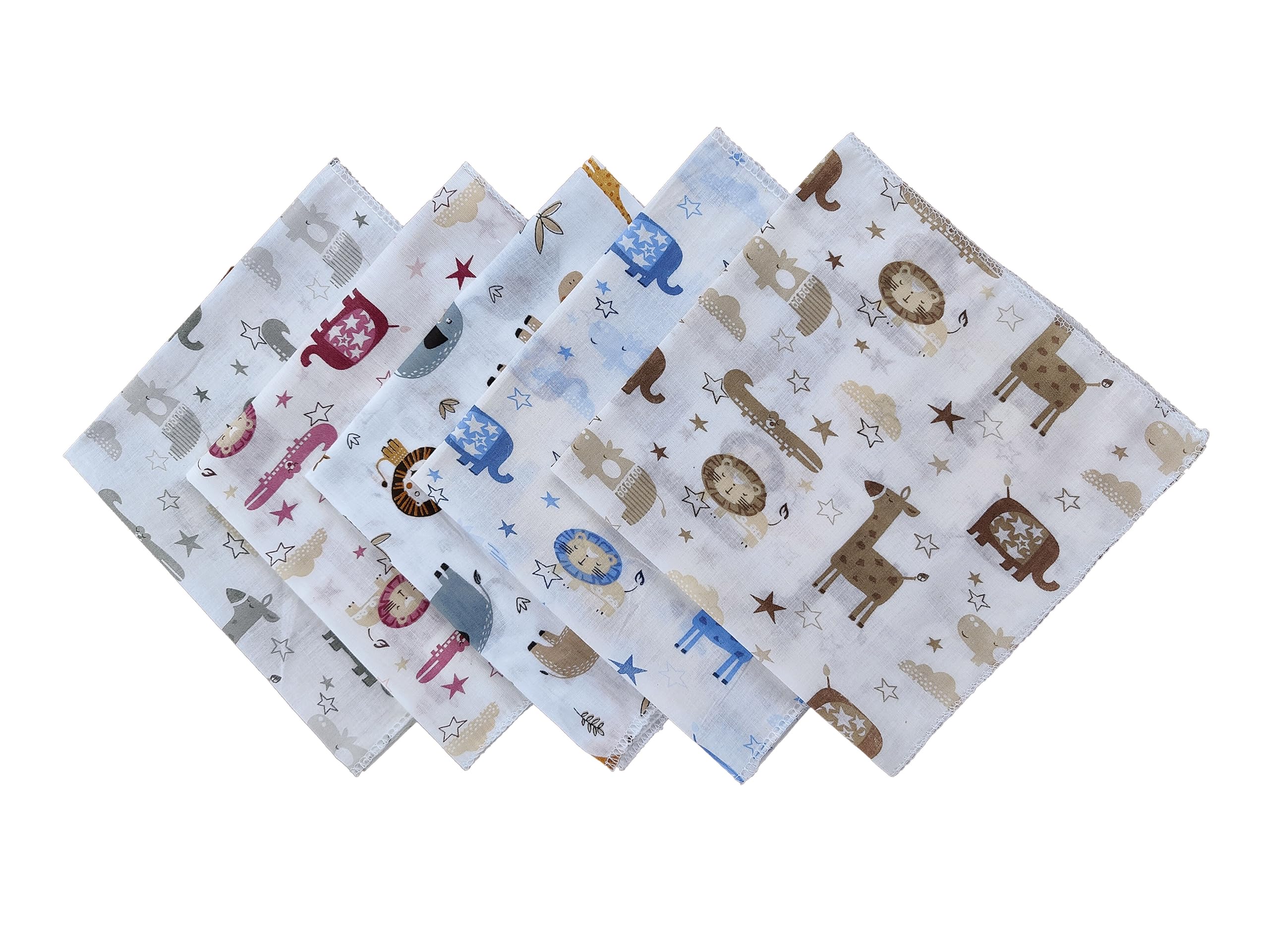 Trance Home Linen Super Soft 100% Cotton Thin Malmal Face Towels | Reusable Hygiene Wash Cloth | Baby Napkins for New Born | Kids Hankies for Children (Small 40 x 40 cm, Animals, Pack of 5 pcs)
