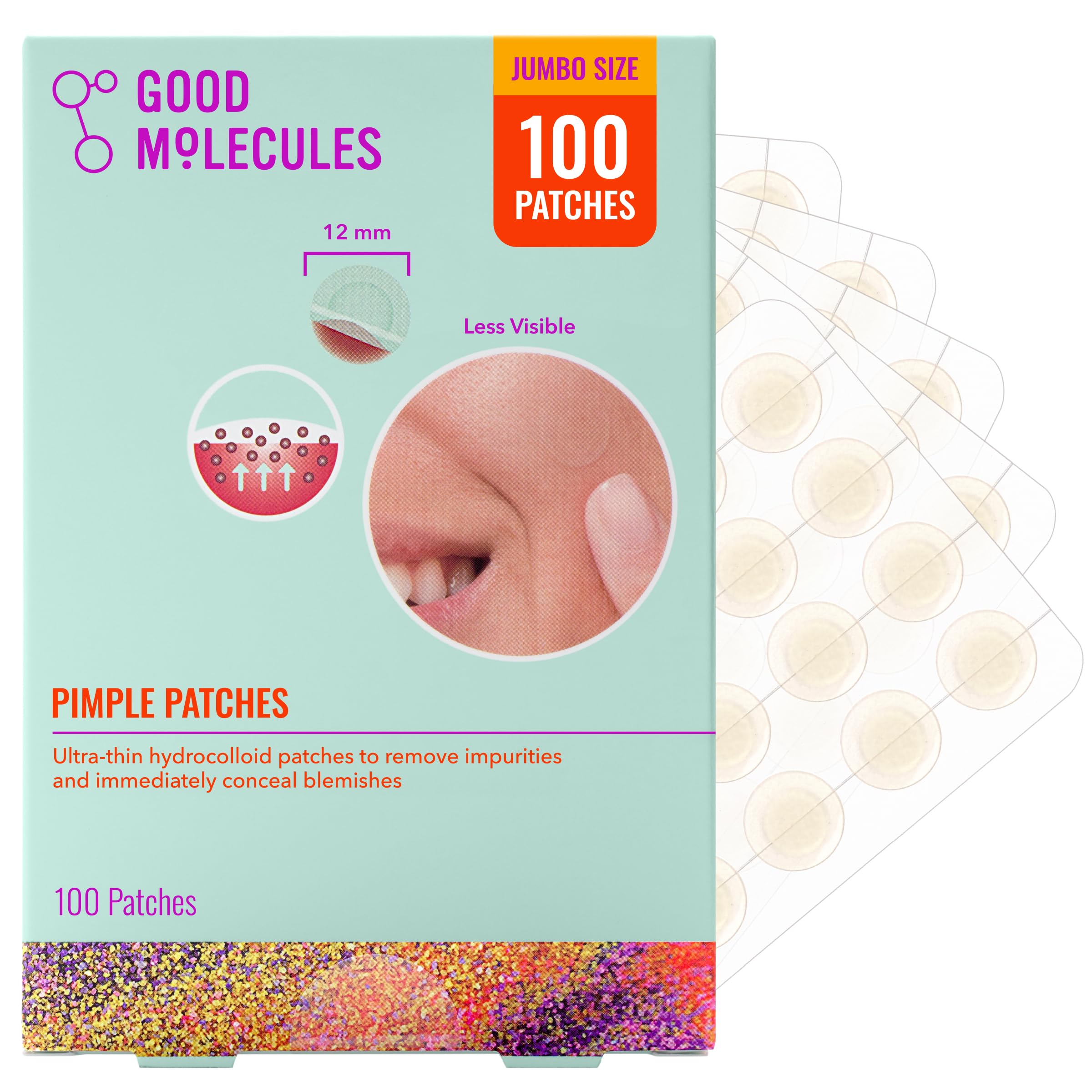 Good Molecules Pimple Patches for Face, 100 Pack – Ultra-Thin Hydrocolloid Acne & Zit Patches, Invisible Under Makeup, Clinically Tested Acne Spot