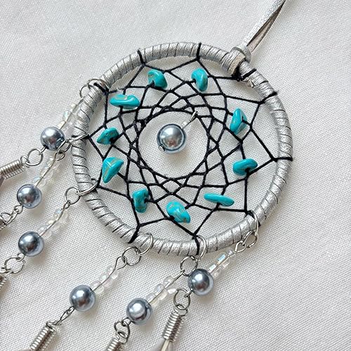 Miniatura 4 de Atrapasueños pequeños para espejo retrovisor de coche, colgante hecho a mano con plumas grises y turquesa atrapasueños para decoración colgante de