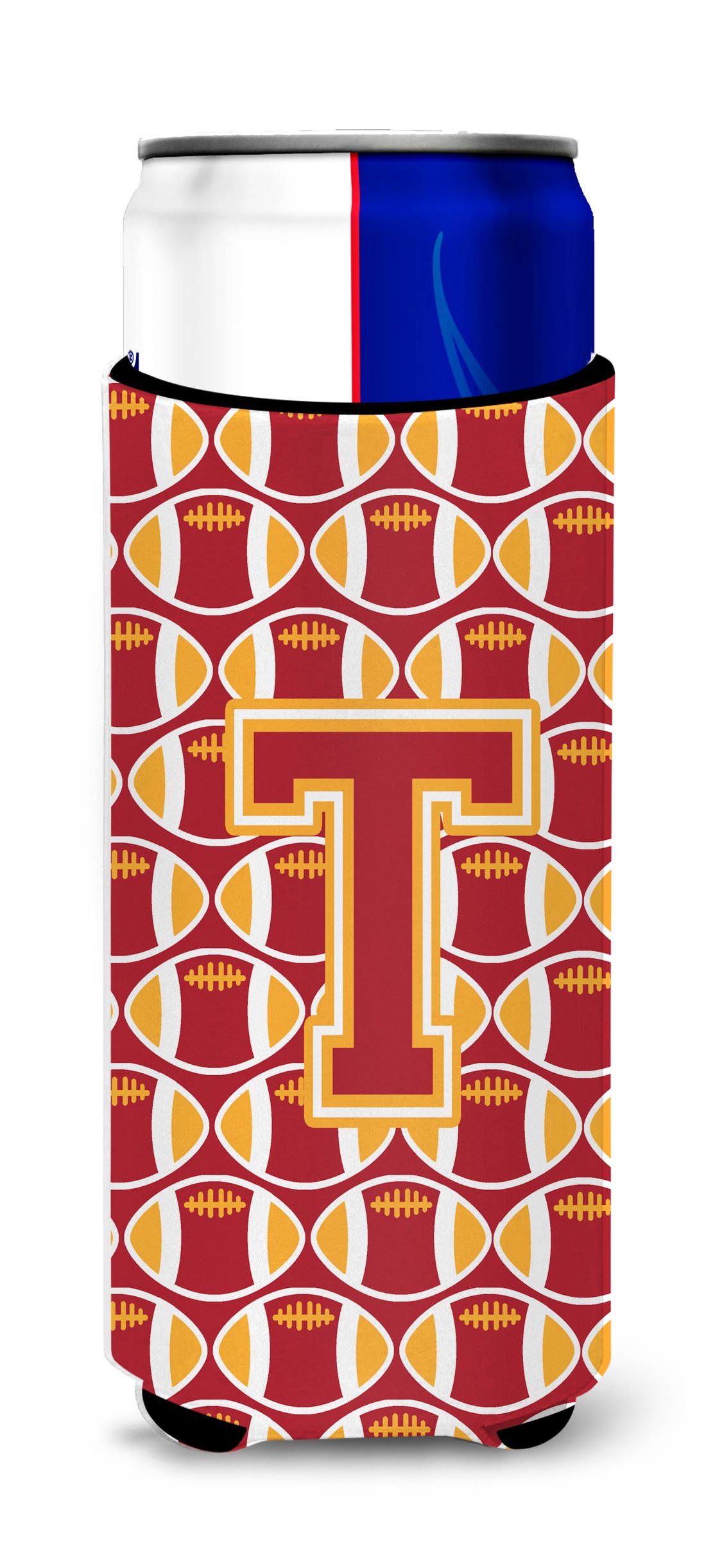 Caroline's Treasures CJ1070-TMUK Letter T Football Cardinal and Gold Ultra Hugger for slim cans Can Cooler Sleeve Hugger Machine Washable Drink Sleeve Hugger Collapsible Insulator Beverage Insulated H