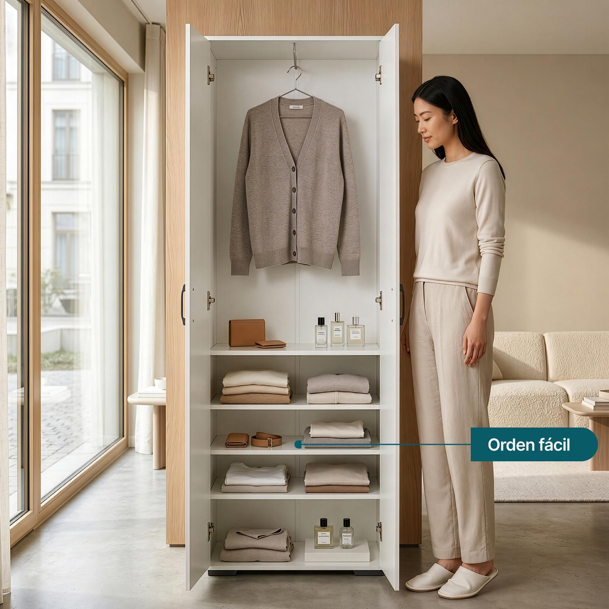 [en.casa] Armario Dormitorio Chalvefted Barra 2 Puertas 175x60x35cm Blanco | Ropero 3 estantes ajustables