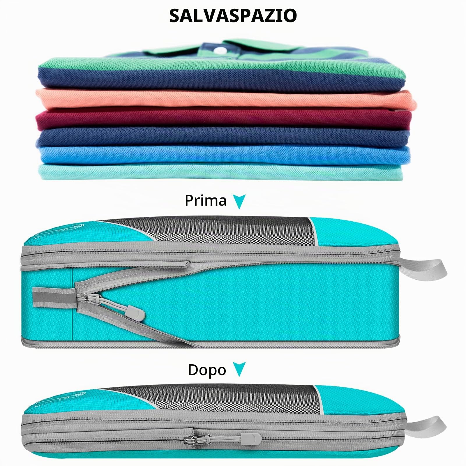 Set di 7 Organizer Valigia, Organizzatori da Viaggio a Compressione, Packing Cube per Vestiti, Scarpe, Biancheria Intima, Ultraleggero, Espandibile, Cielo Blu