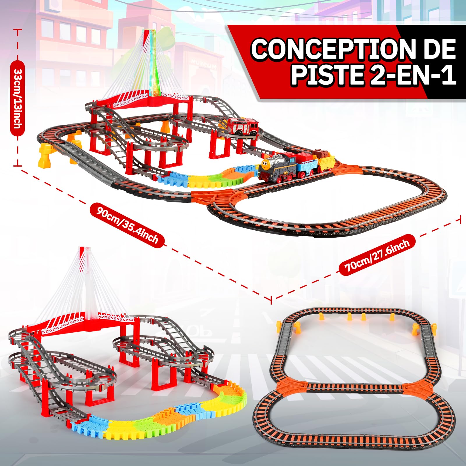 JONRRYIN Circuit Train Electrique, 161Pièces Jeu Train Enfant, Pompiers Voiture et Trains, Camion de Pompiers Jouets, Voies Ferrées, Cadeau Éducatif Garçons et Filles 2 3 4 5 6 Ans