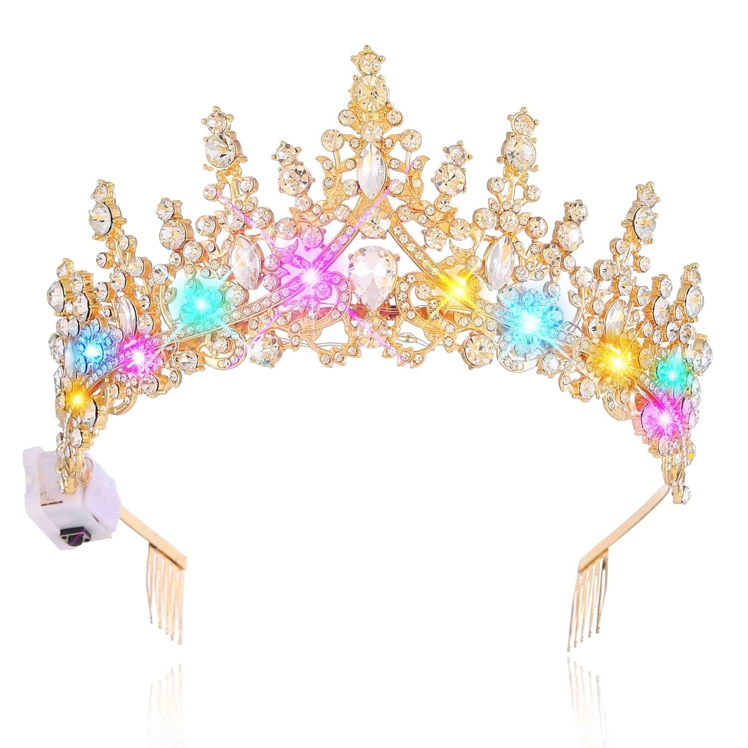 Kilshye Light Up Crown Gold Rhinestone Wedding Tiara Prom Costume Headband for Women - Image 2