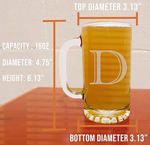 Miniatura 227 de Taza de cerveza de vidrio con monograma grabado de 16 onzas (letra T), regalos de cerveza personalizados de la A-Z para hombres, Día del Padre