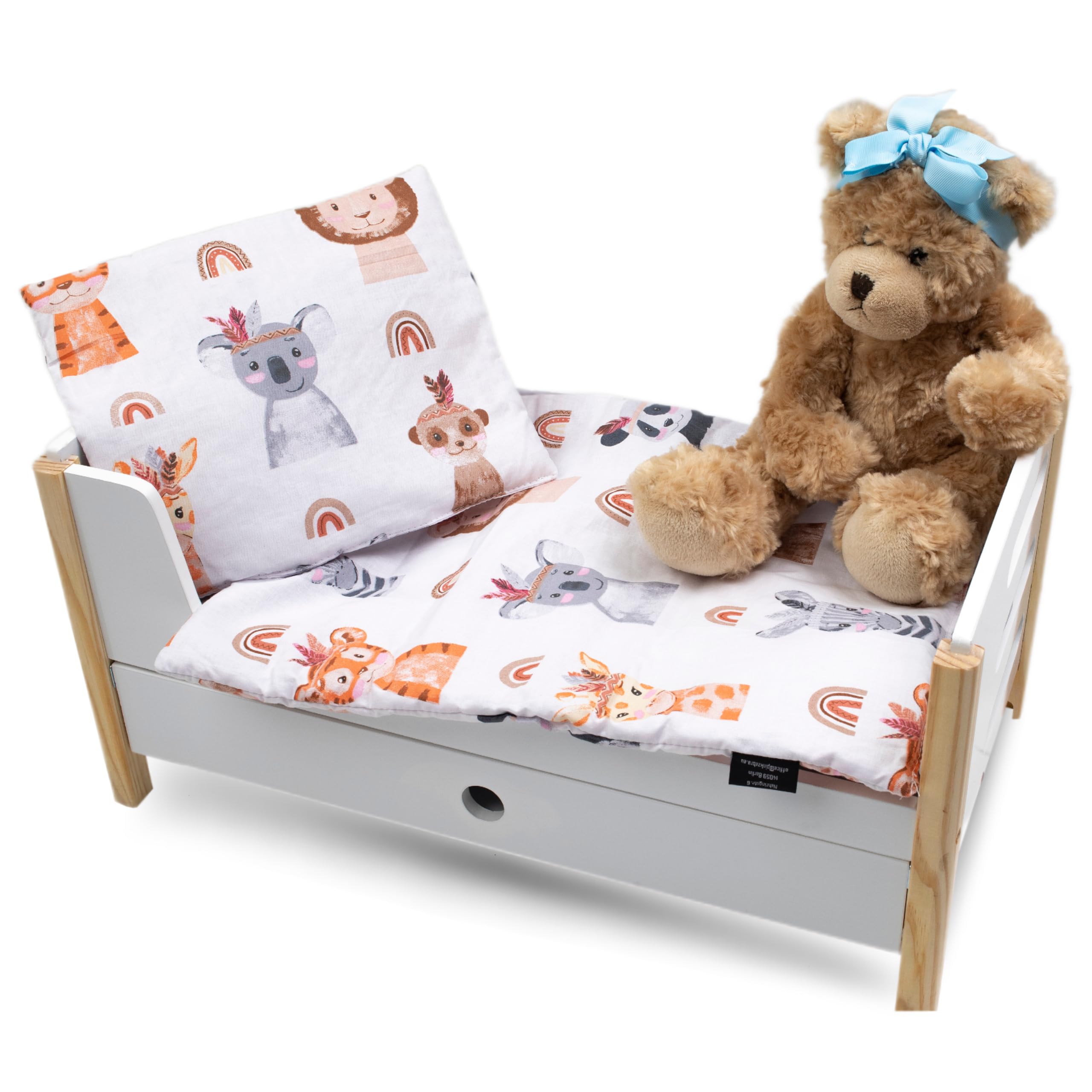 PinkZebra 3-teilig Puppenbettwäsche für Puppen bis 48 cm, Decke + Kissen + Matratze, Puppenbettzeug mit Matratze, Bettwäsche aus Baumwolle für Puppenbett, Tierportraits
