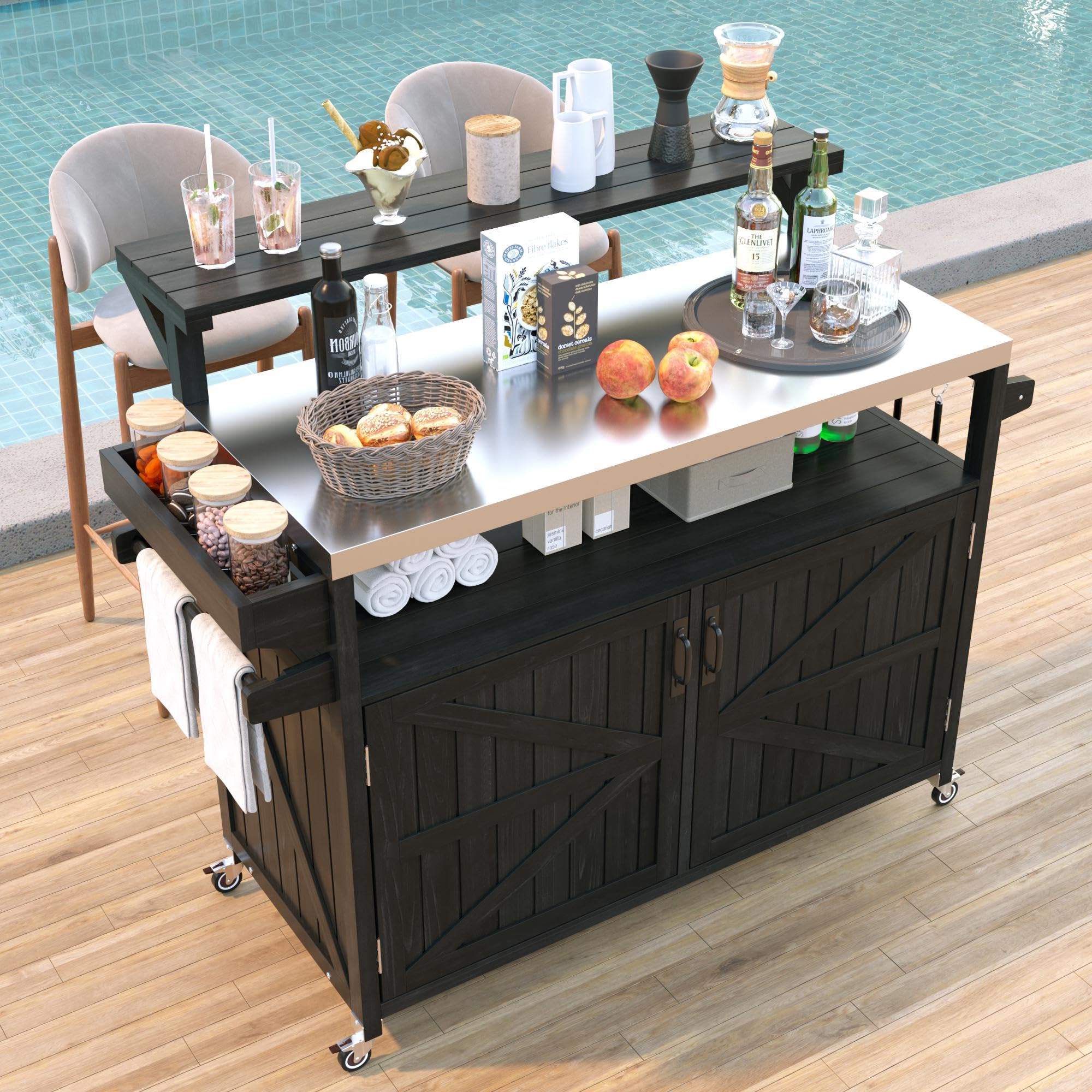 Rustikaler Outdoor-Kücheninsel und rollbarer Grillwagen, 135,4 cm, Massivholz-Sto-Schrank mit Stahlplatte, verstellbaren Regalen und Gestell, perfekt für Grillen und Unterhaltung (schwarz)