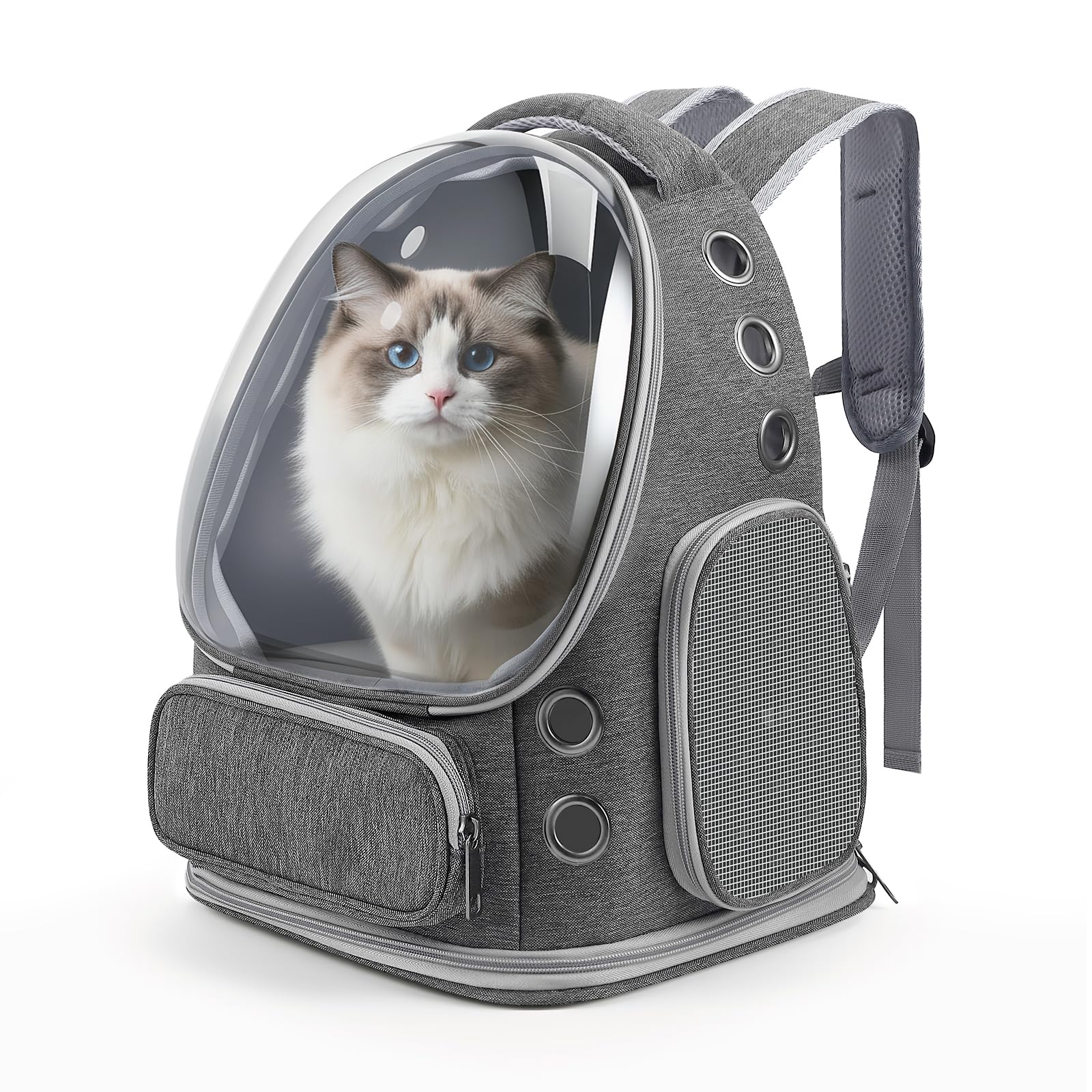 Sac à Dos pour Chat Bulle Transparent, Sac de Transport pour Animal - Sac Portable et Pliable pour Chien/Chat jusqu'à 5kg, Respirant et Léger pour Vétérinaire, Voyage (Gris, 42x34x27cm)