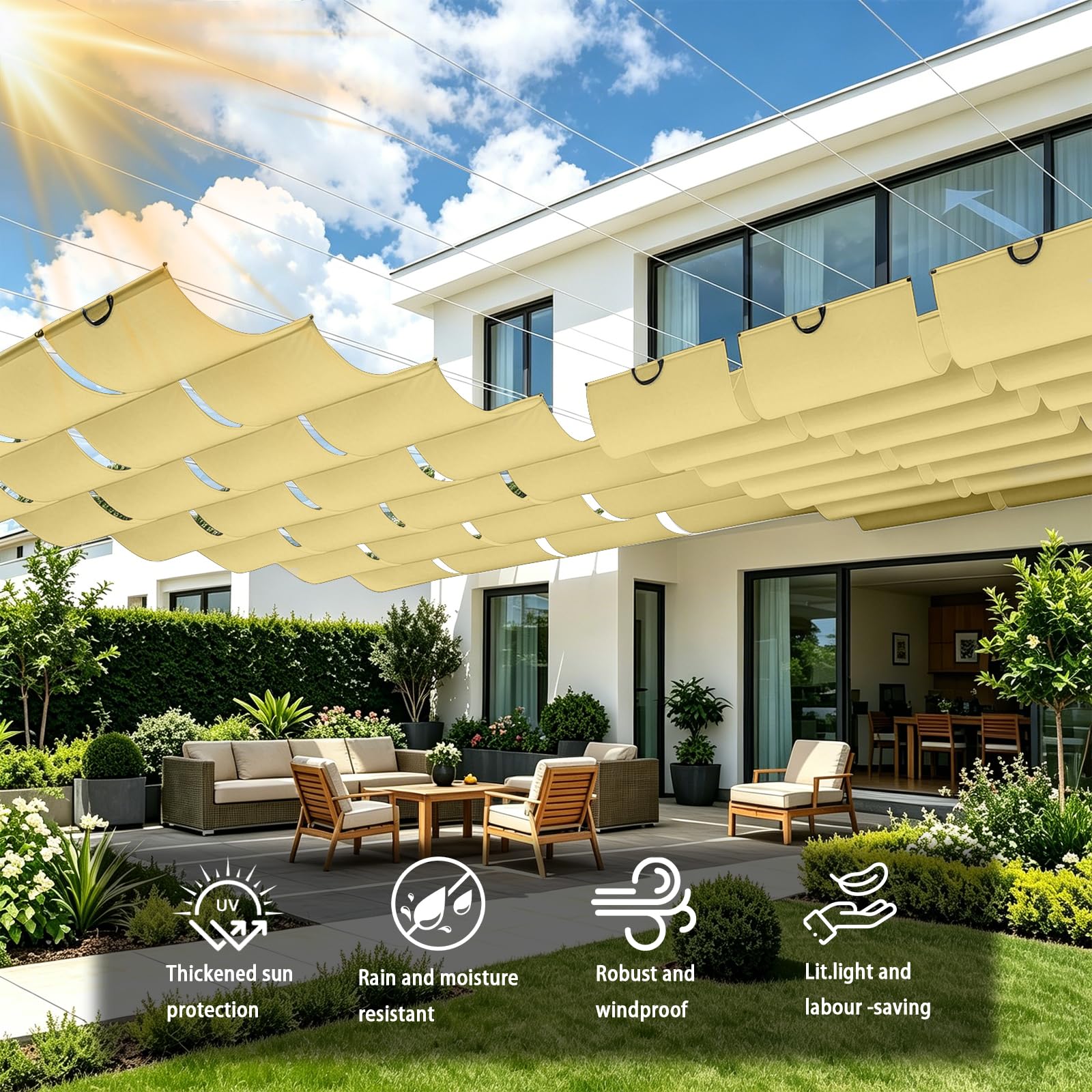 Wellenmarkise 1 x 6 m Nach Maß, Sonnenschutz, Wasserdicht, 98% Uv-Schutz & Reißfest, Verstellbares Sonnensegel mit Zugseil & Ösen für Garten Terrasse, Creme Farben