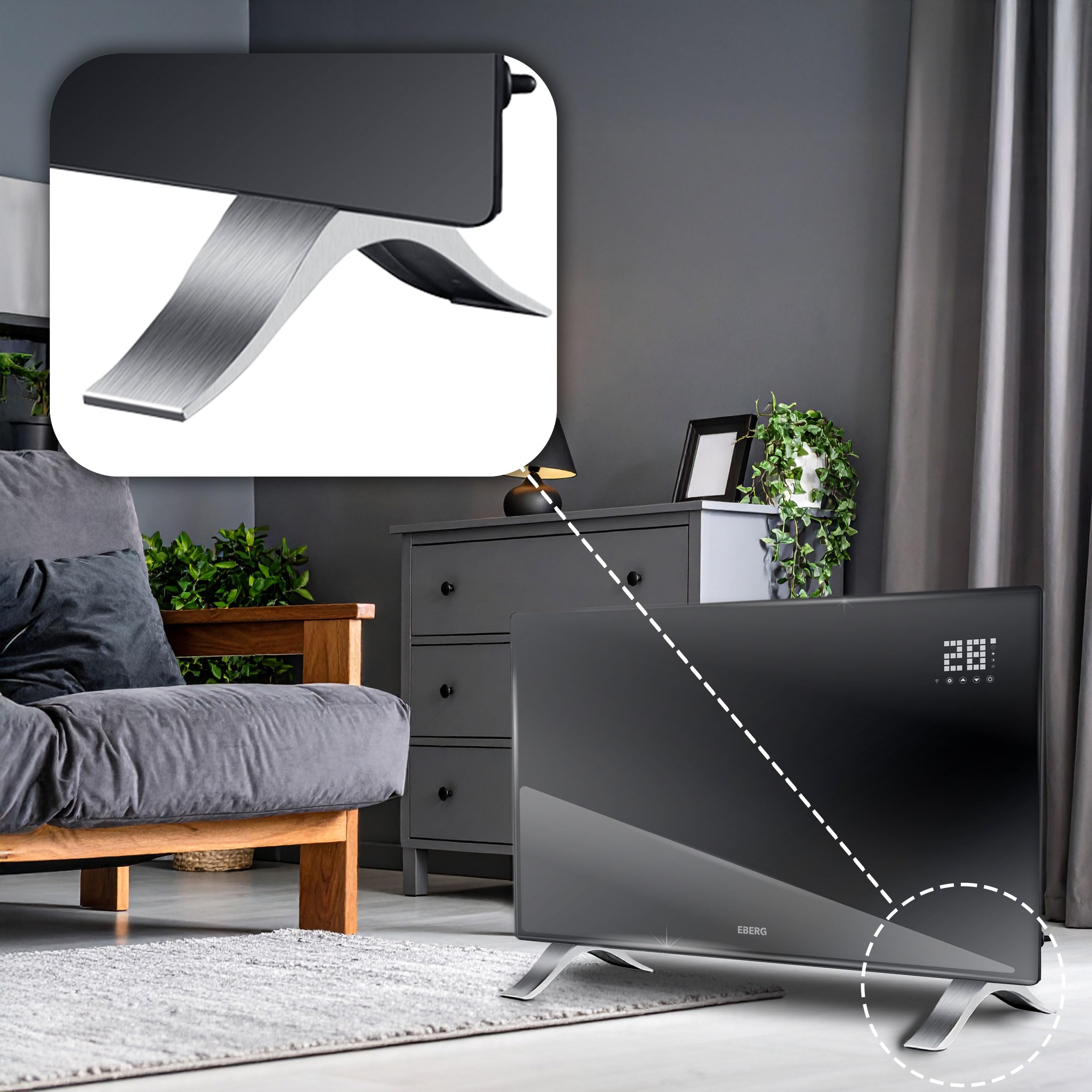 EBERG EVI PRO Grzejnik konwektorowy 2400 W WiFi, szklany panel, pilot, termostat cyfrowy, montaż ścienny lub stojący