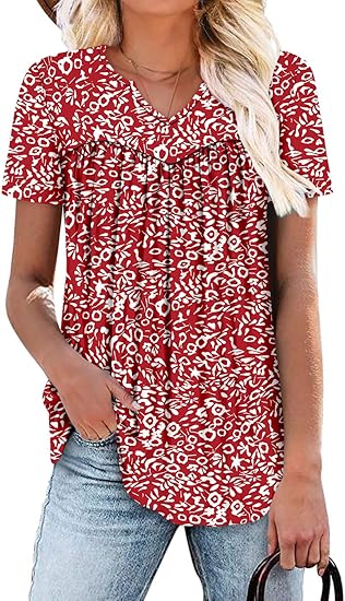 KISSMODA Tops for Womens Summer Cute Short Sleeve Shirts Trendy Notched Neck Blouses Casual Loose Pleated Tunics S-3Xl