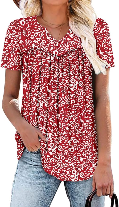 KISSMODA Tops for Womens Summer Cute Short Sleeve Shirts Trendy Notched Neck Blouses Casual Loose Pleated Tunics S-3Xl