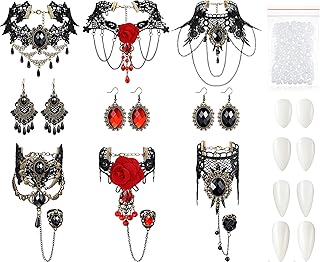 13 Pieces Halloween Vampire Teeth Fangs Vampire Choker Earrings Bracelets Gothic Costume Jewelry for Victorian Vampire Halloween Party, Zombie Cosplay Party Supplies
