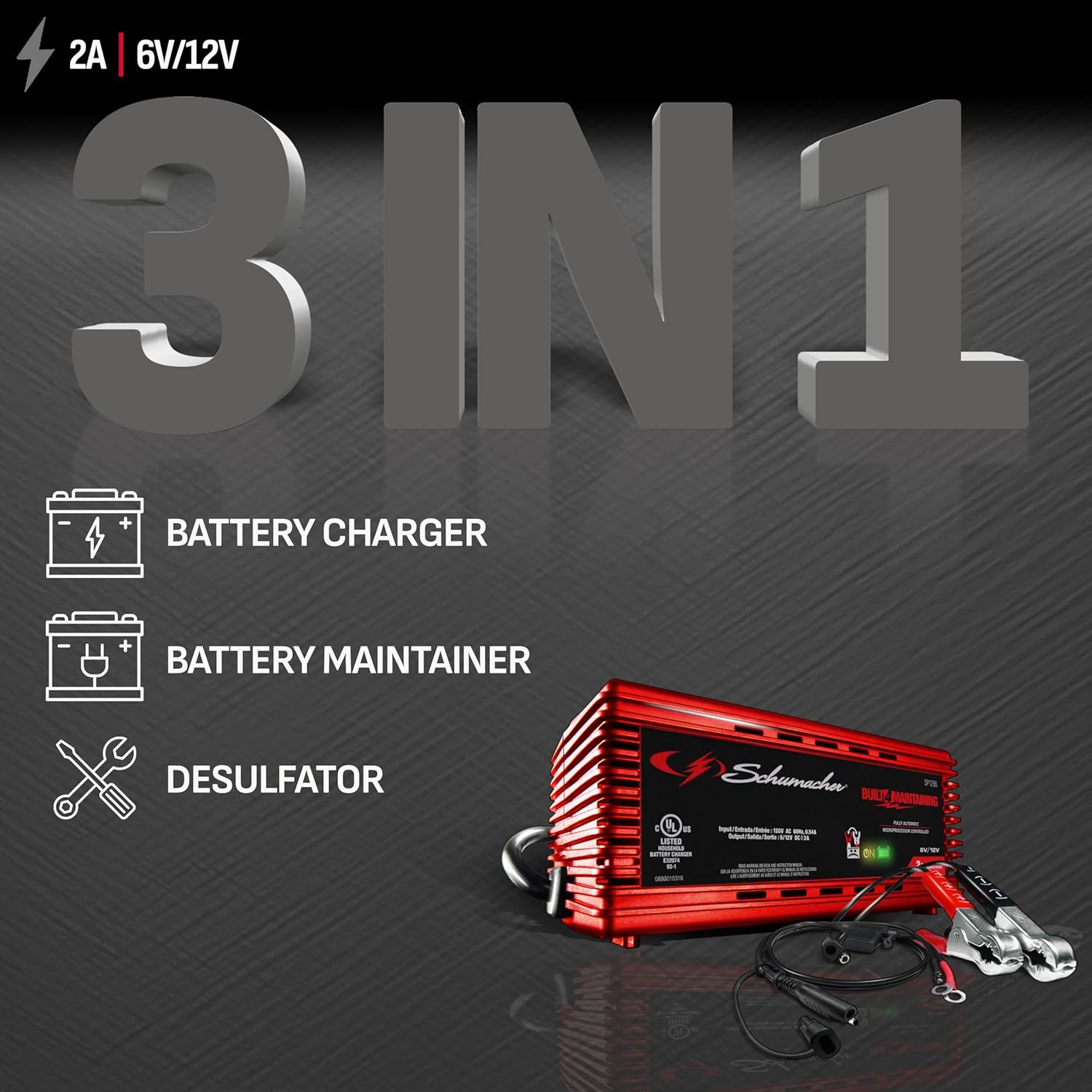 Schumacher Electric 2A Car Battery Charger and Maintainer, 3-in-1 Solution, for 6V/12V Power Sport, Automotive, and Marine Batteries, SP1296