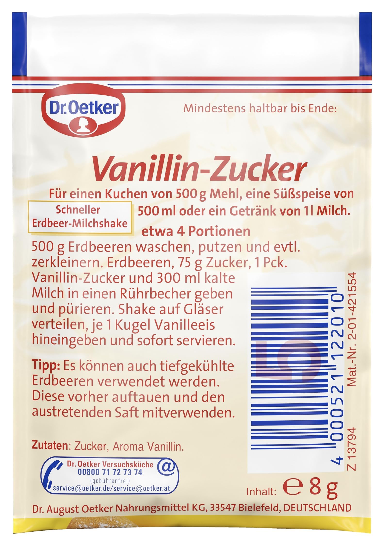 Dr. Oetker Vanillinzucker 16er Pack, Zucker verfeinert mit Vanillin, zum Backen und Süßen von Kuchen, Desserts & Shakes, vegan, 16 x 80 g