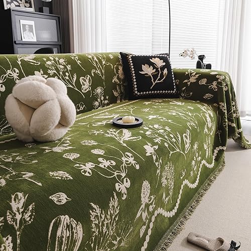 Miniatura 3 de DREAMINGO Funda de sofá floral verde rural de jacquard botánico para sofá de 3 plazas, acogedora funda de felpilla para muebles de sala de estar,