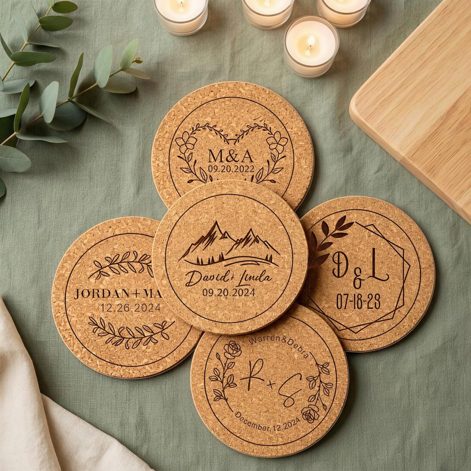 5-100 Personalized Cork Coasters, Custom Engraved Rustic Drink Coasters, Wedding Favors, Housewarming Gift, Reception Table Decor, 4 inch
