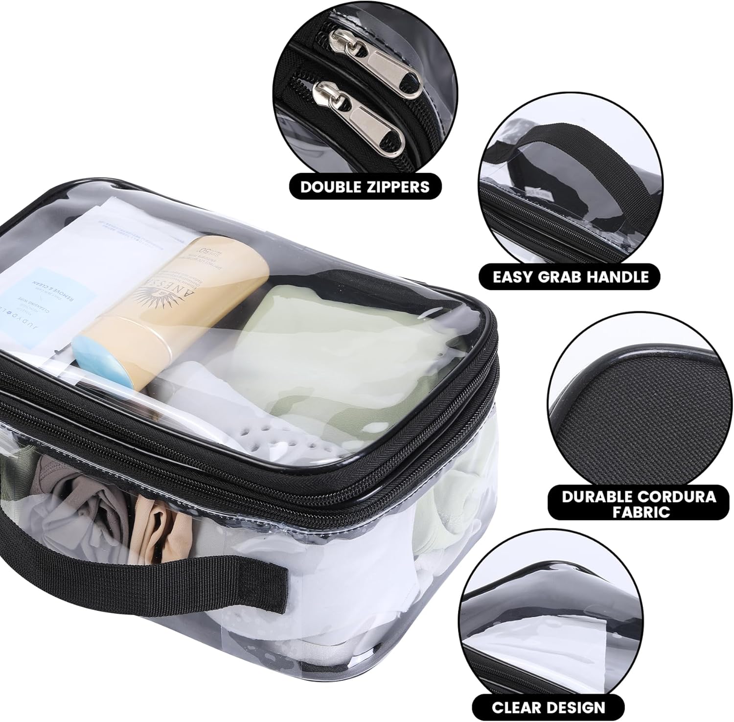 Large Clear travel bags for toiletries pouches carry on reusable,purse see-through plastic pvc TSA airport approved with handle (Black) - Image 6