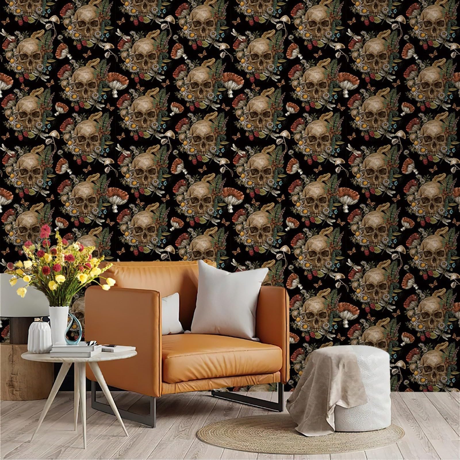 Zahhyg Grey Wallpaper Skull Peel And Stick Self Adhesive Wallpaper For Living Room Waterproof Vinyl, Art Deco Thicken Sticky Back Plastic Removable