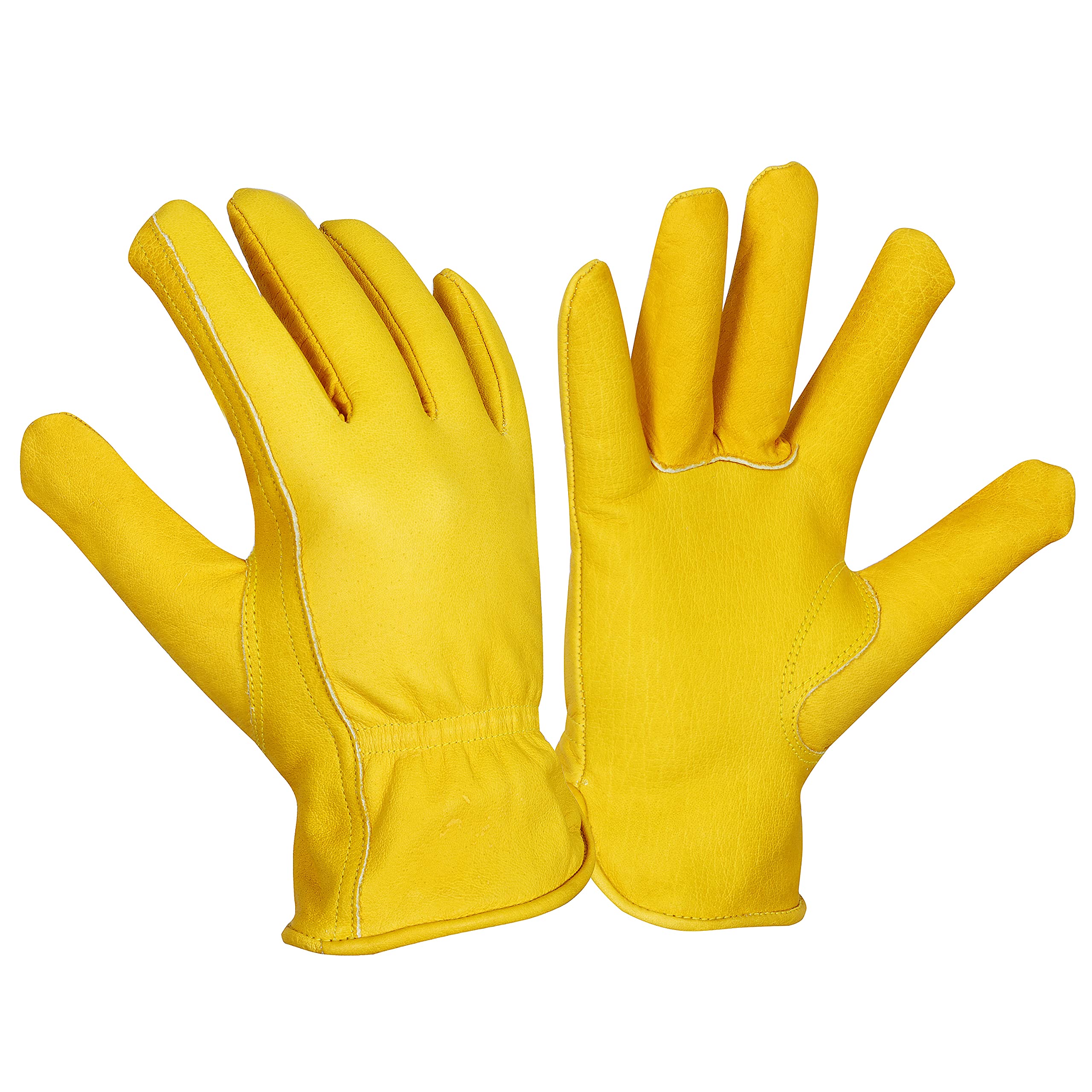 Work Gloves Cowhide Grain Premium Leather Yellow Work Driver Gloves With Elastic Wrist Closure And Inside Fleece Lining General Purpose Utility