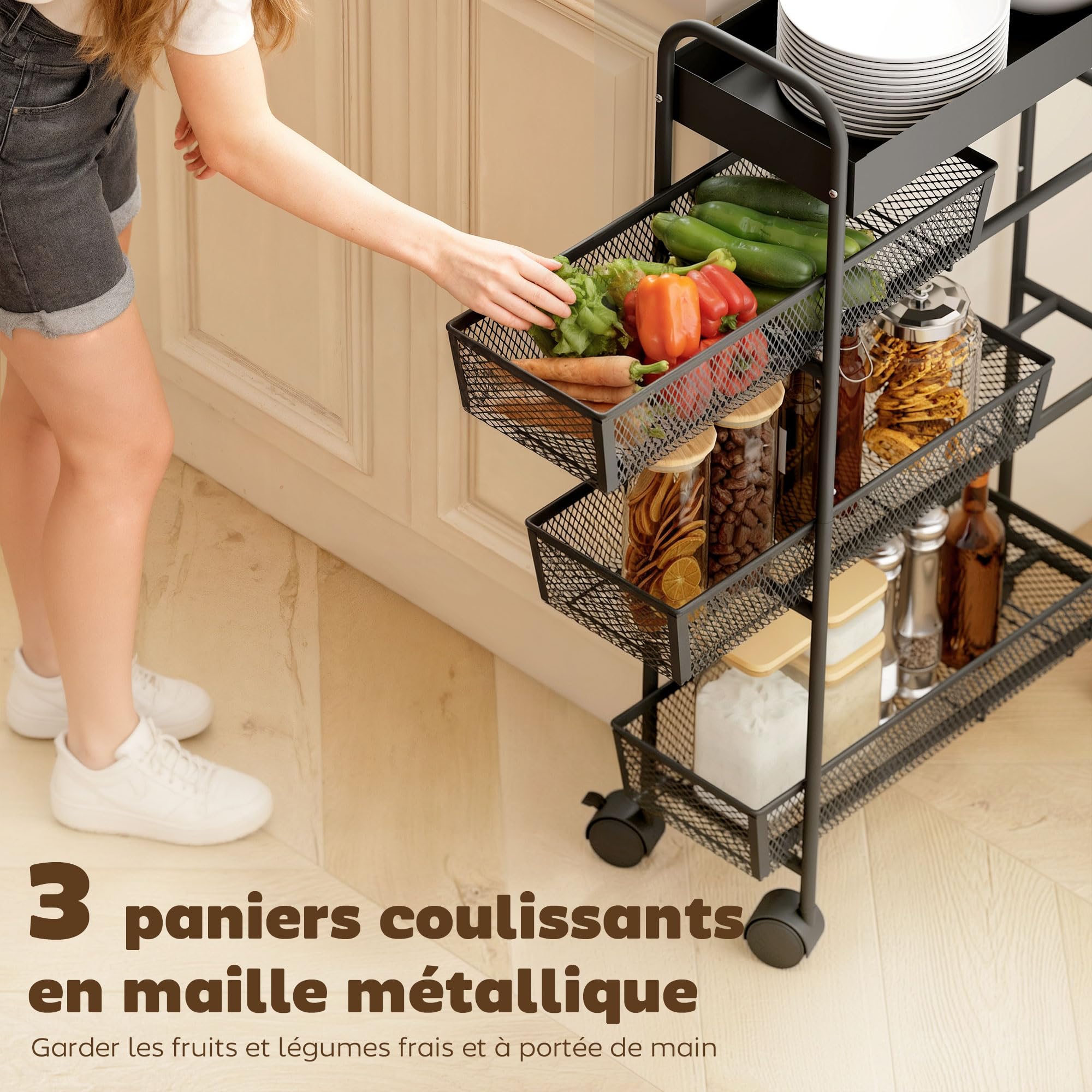 HOMCOM Chariot de rangement à 4 niveaux, 3 paniers coulissants, desserte à roulettes, panier supérieur et poignée, desserte cuisine multifonctionnel pour chambre, salon, bureau, 19 x 43,2 x 80 cm noir