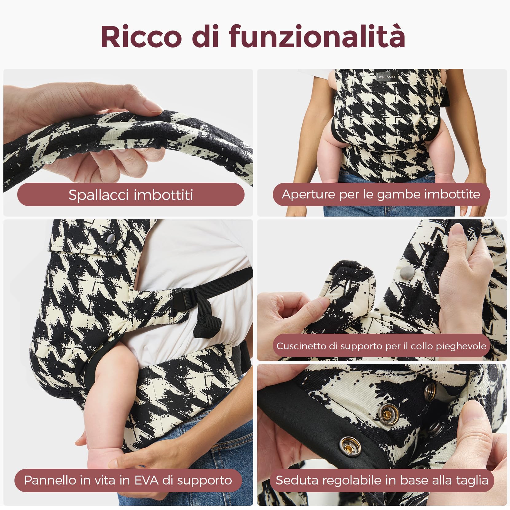 Marsupio Momcozy - Ergonomico, confortevole e leggero, per bambini da 3 a 20 kg(3-24 mesi), facile da indossare, ideale per genitori a mani libere, Pied de poule
