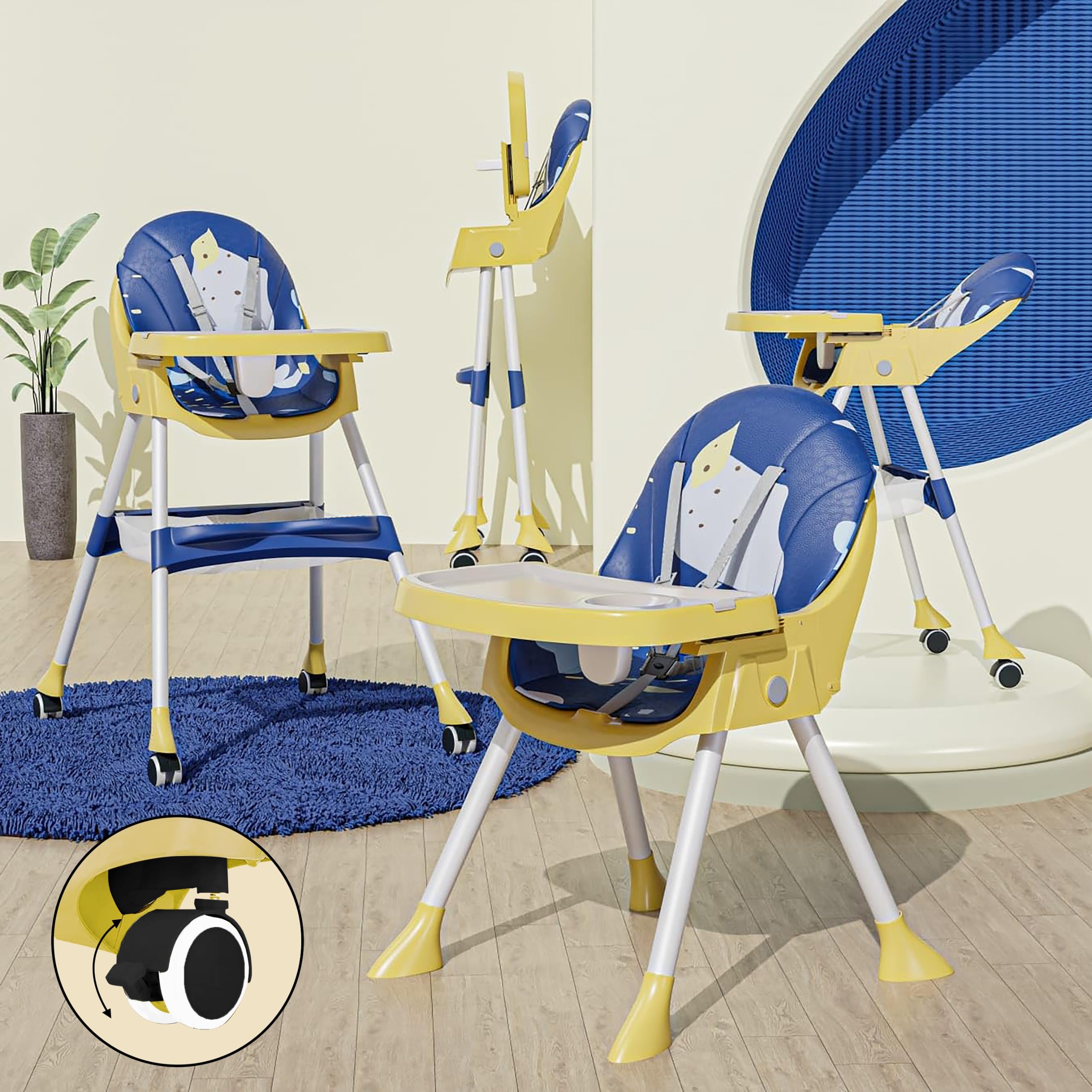 TONY STARK in LATEST 2024 Model, Reclining Baby High Chair foldable,  Dual Dining Detachable Food Tray, Height Adjustable Feeding Seat, Five Point