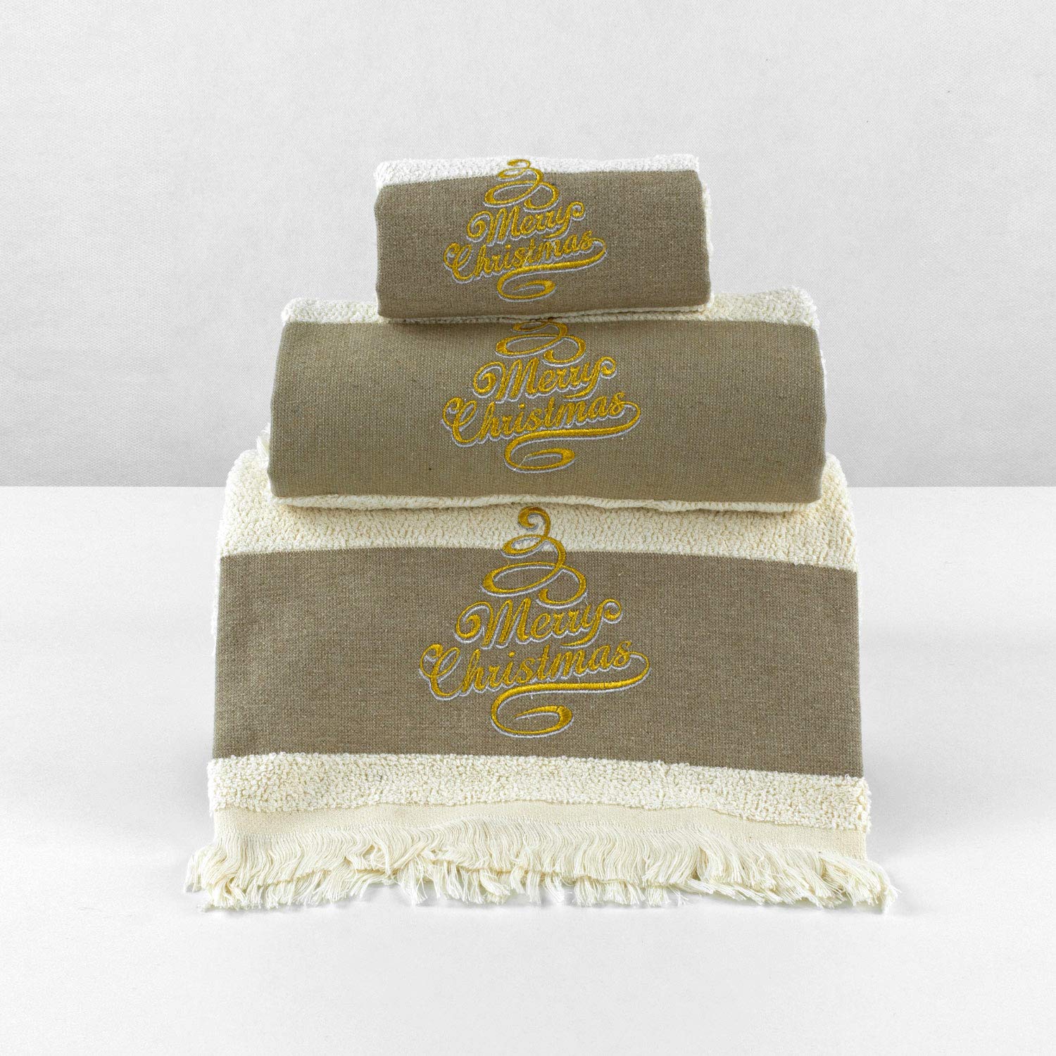 Juego de toallas de baño beige bordadas - REF. LINO NAVIDAD
