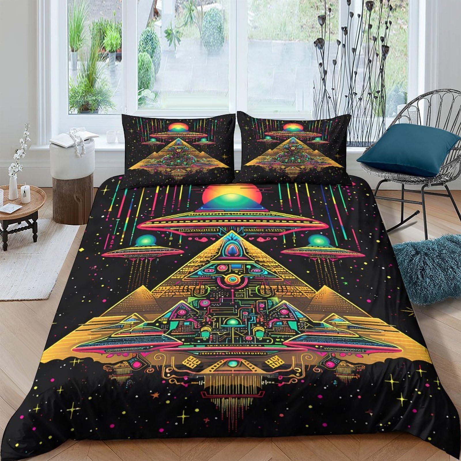 Ctjqhvkz Style-3 3D Printed Neon Pyramid Fitted Sheet Microfiber Anti-Slip Colorful Ufo Mattress Cover For Bedroom Guest Room Decoration Single（135X200cm）